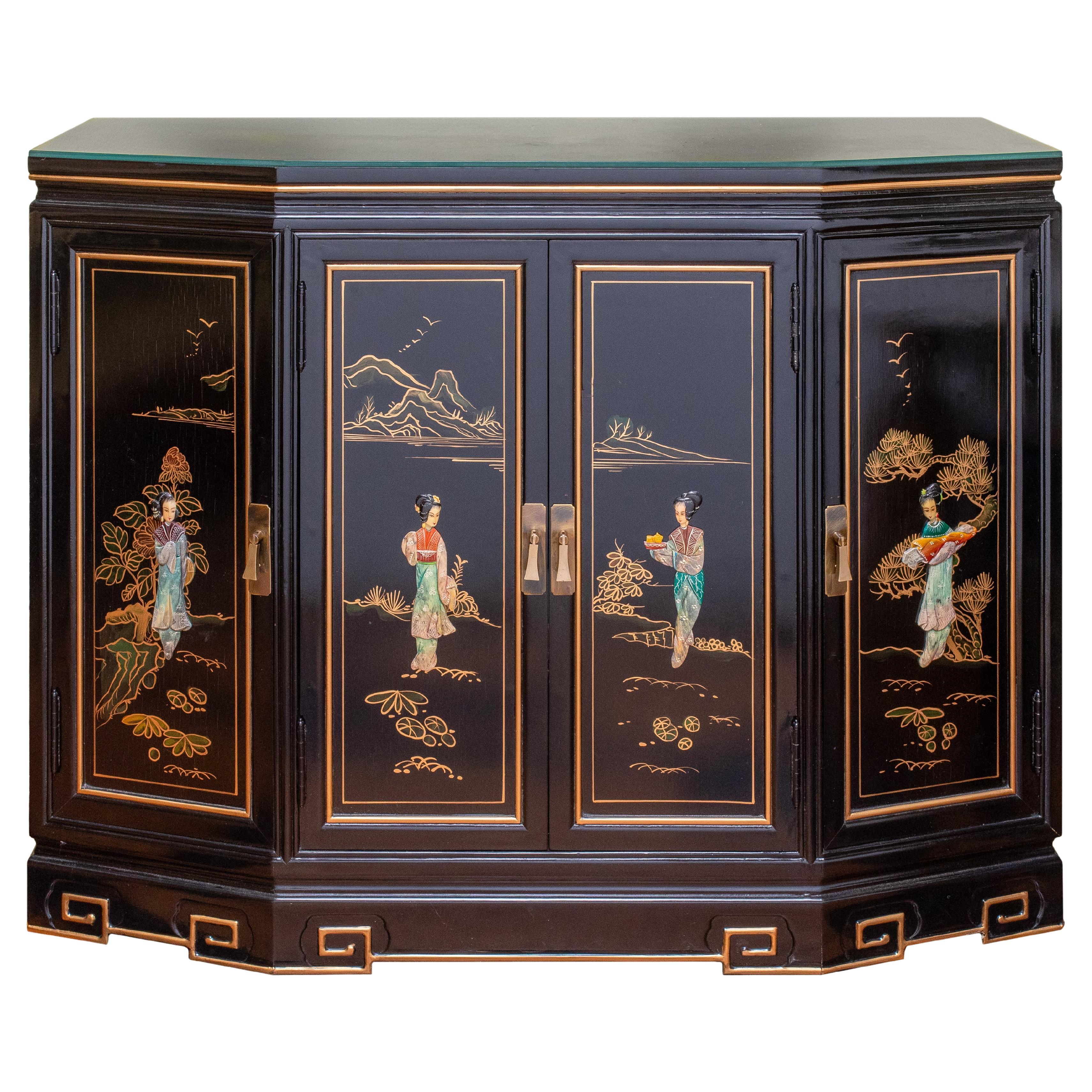 Mid Century Modern Black Chinese Chinoiserie Credenza