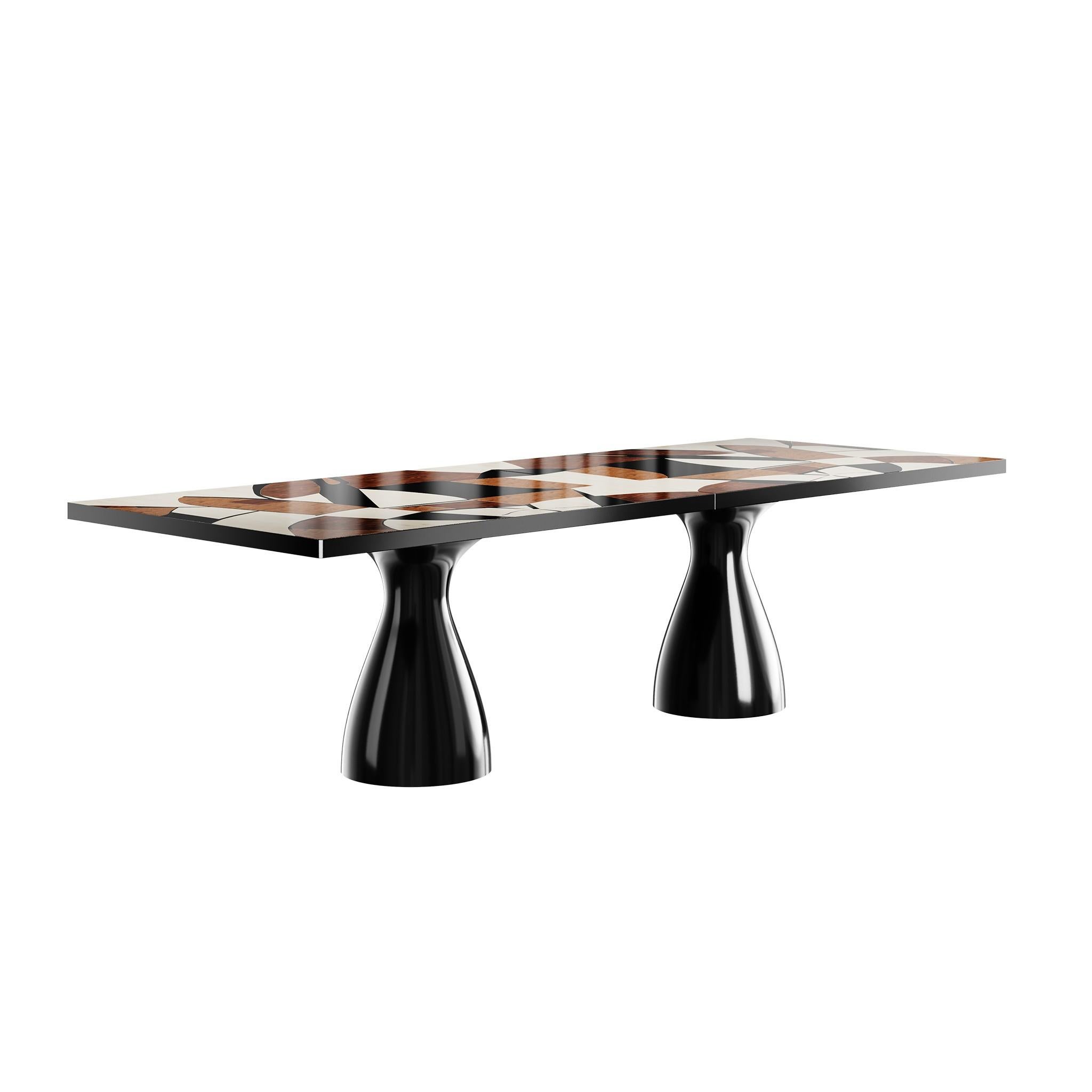 Zimmer Dining Table is the perfect dining table for a contemporary dining room. With peculiar modernity, chunky legs, and a classy tabletop in marquetry, Zimmer dining table makes mouths water. A refined dining table that celebrates art, and