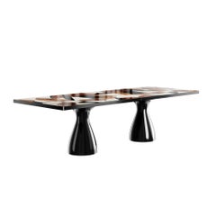 Mid-Century Modern Black Dining Table Abstract Pattern Wood Marquetry Top