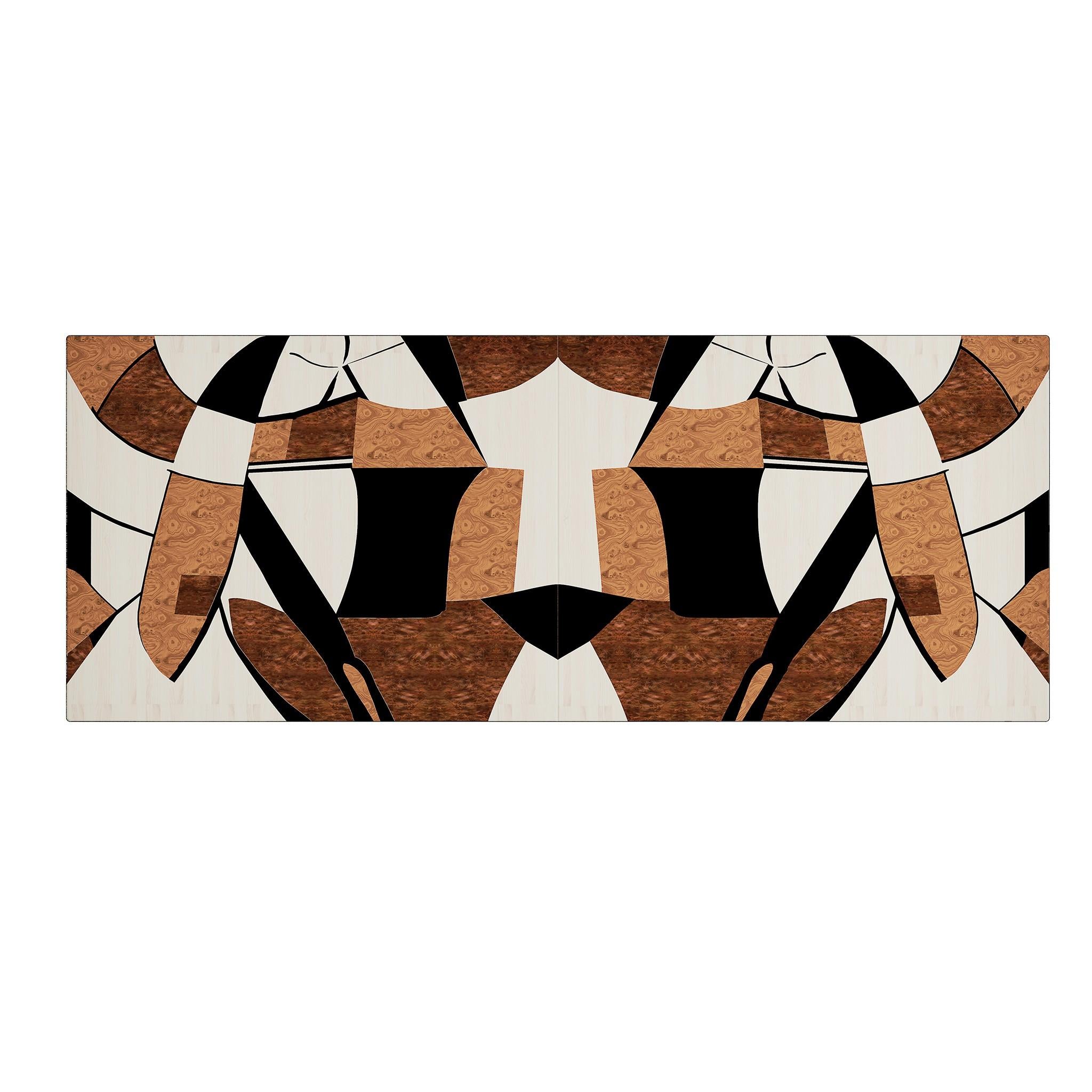 Portuguese Mid-Century Modern Black Dining Table Abstract Pattern Wood Marquetry Top For Sale