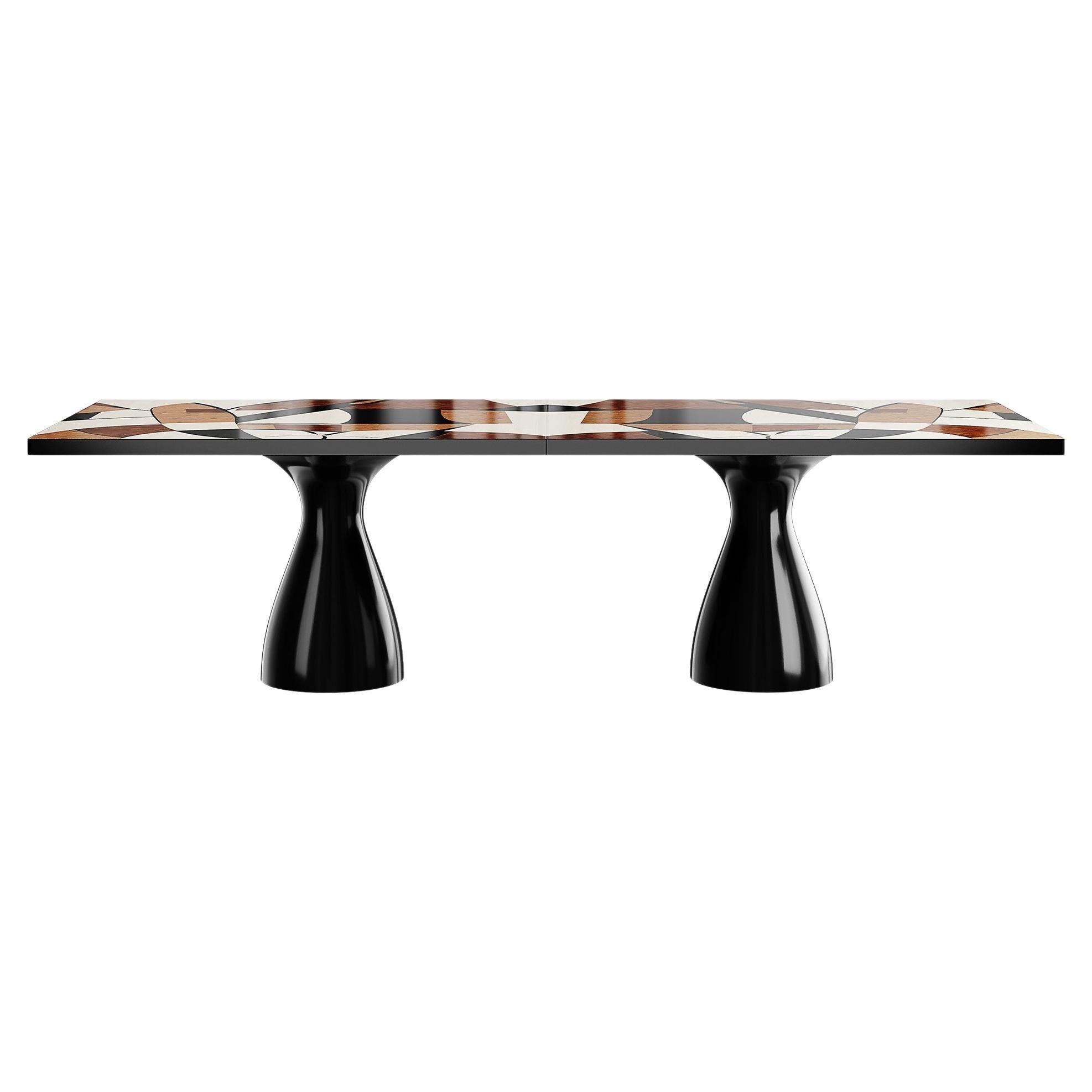 Mid-Century Modern Black Dining Table Abstract Pattern Wood Marquetry Top For Sale