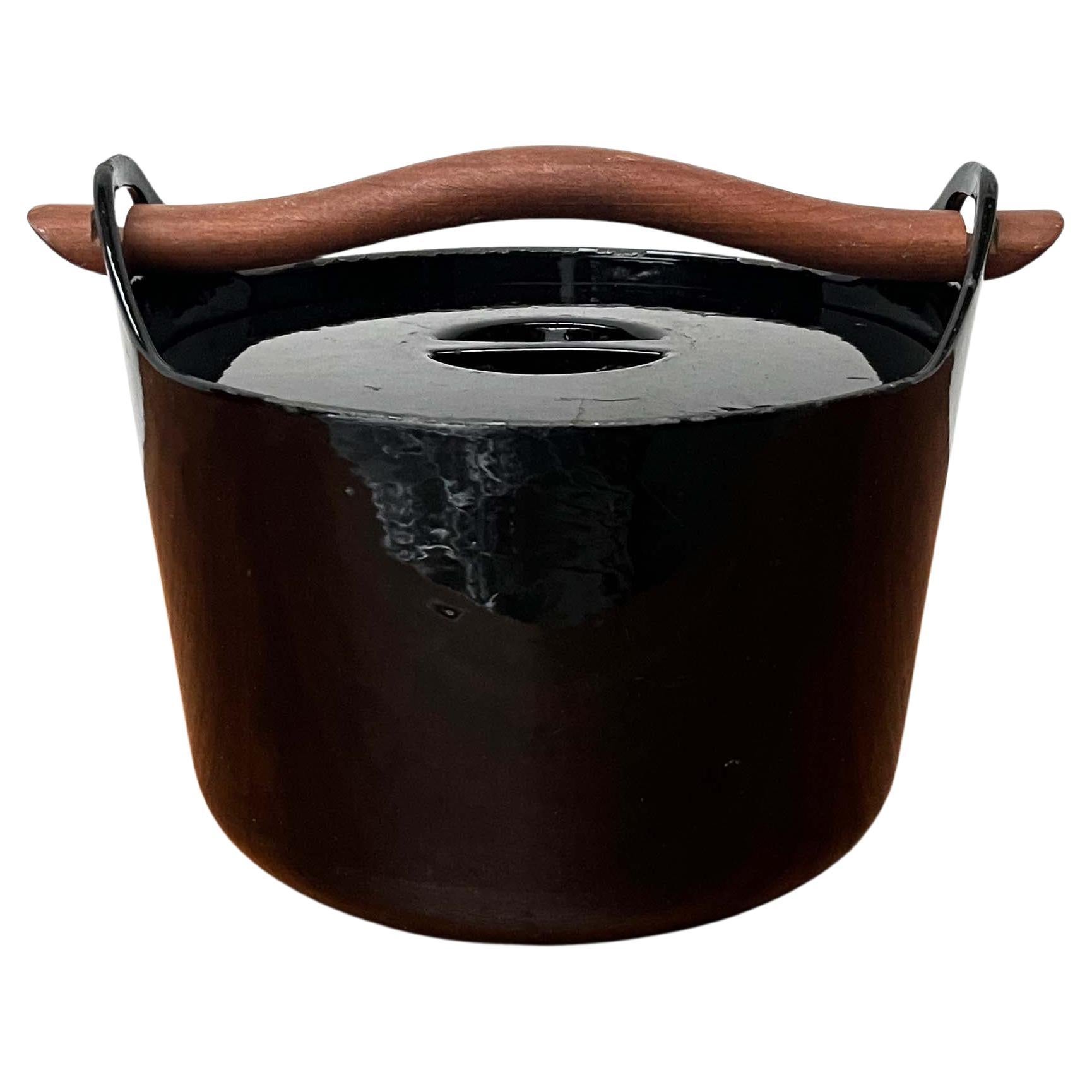 Mid-Century Modern Black Enamel Pot Teak Handle Timo Sarpaneva Rosenlew Finland