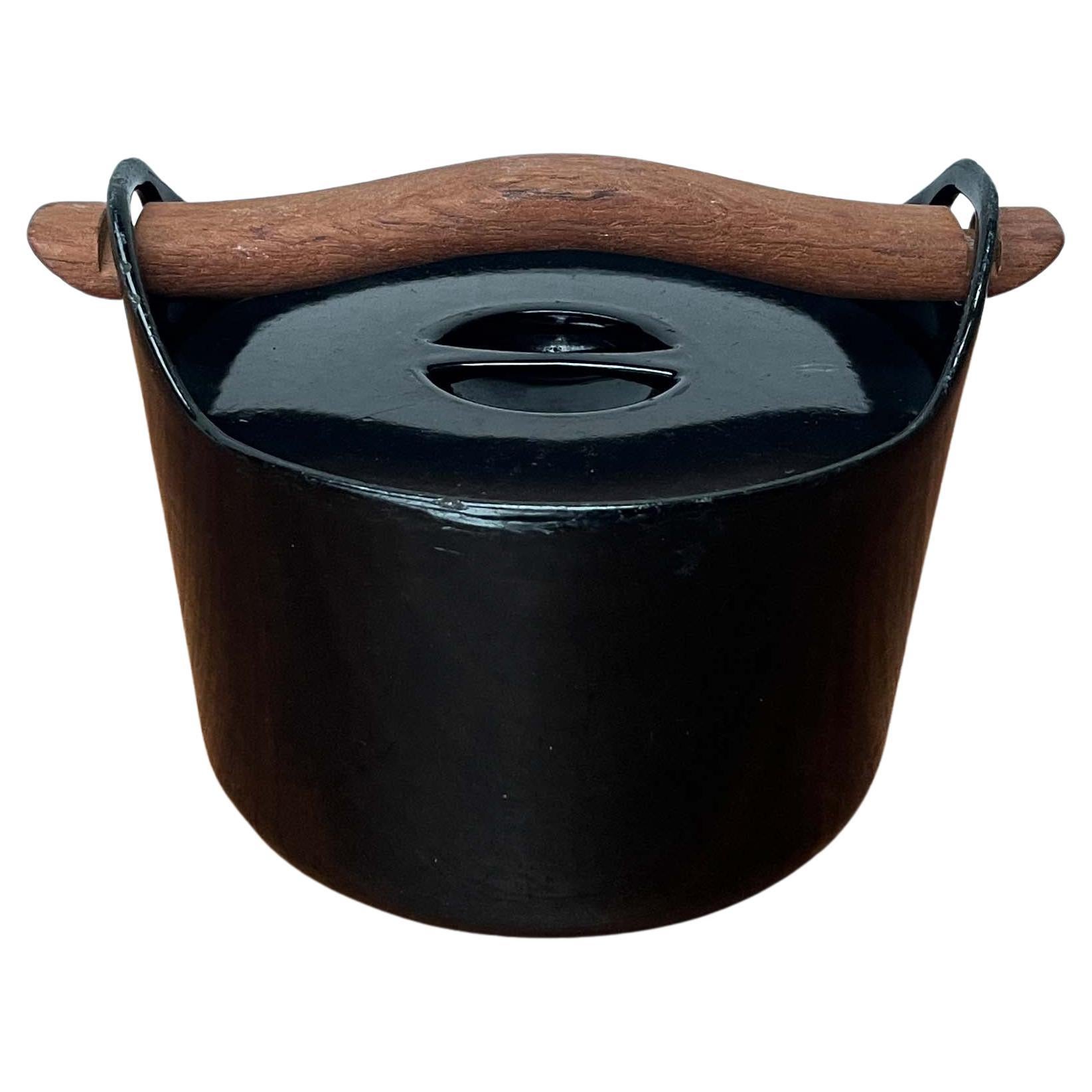 Mid-Century Modern Schwarz Emaille Topf Teak Griff Timo Sarpaneva Rosenlew Finnland