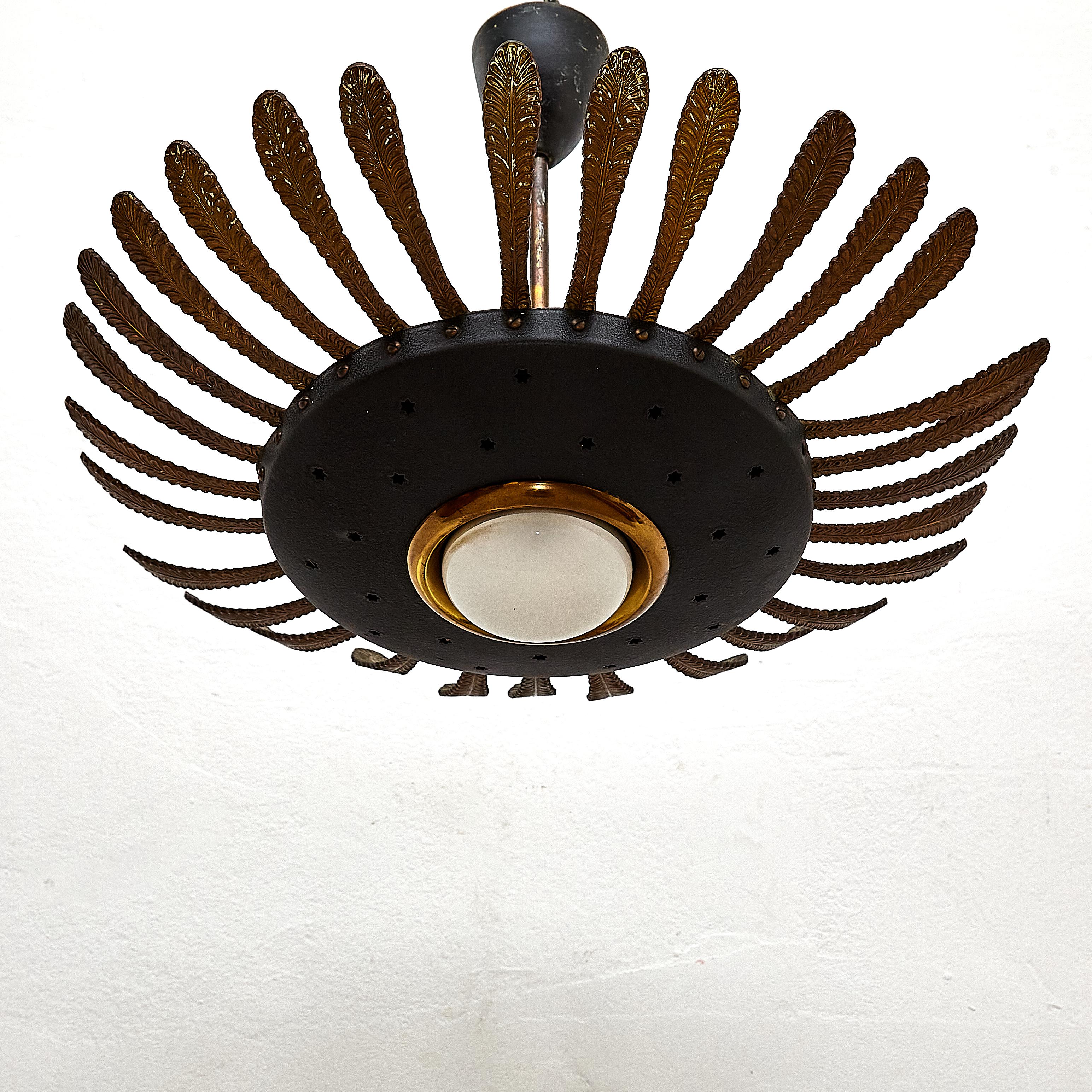 French Mid-Century Modern Black Flower Ceiling Lamp, circa 1960