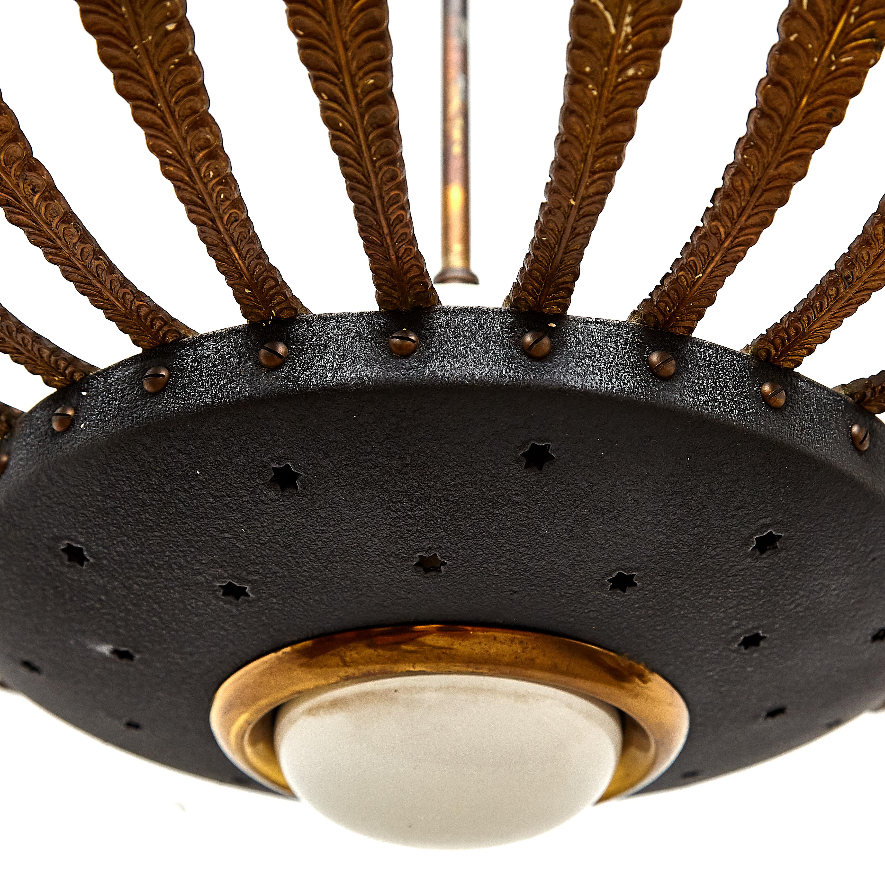 Brass Mid-Century Modern Black Flower Ceiling Lamp, circa 1960