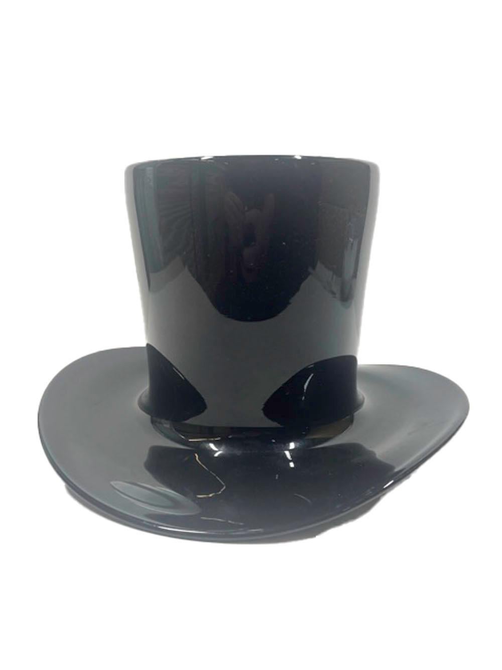 Mid-Century Modern champagne / wine cooler or ice bucket in the form of a black glass top hat made by Blenko of West Virginia.