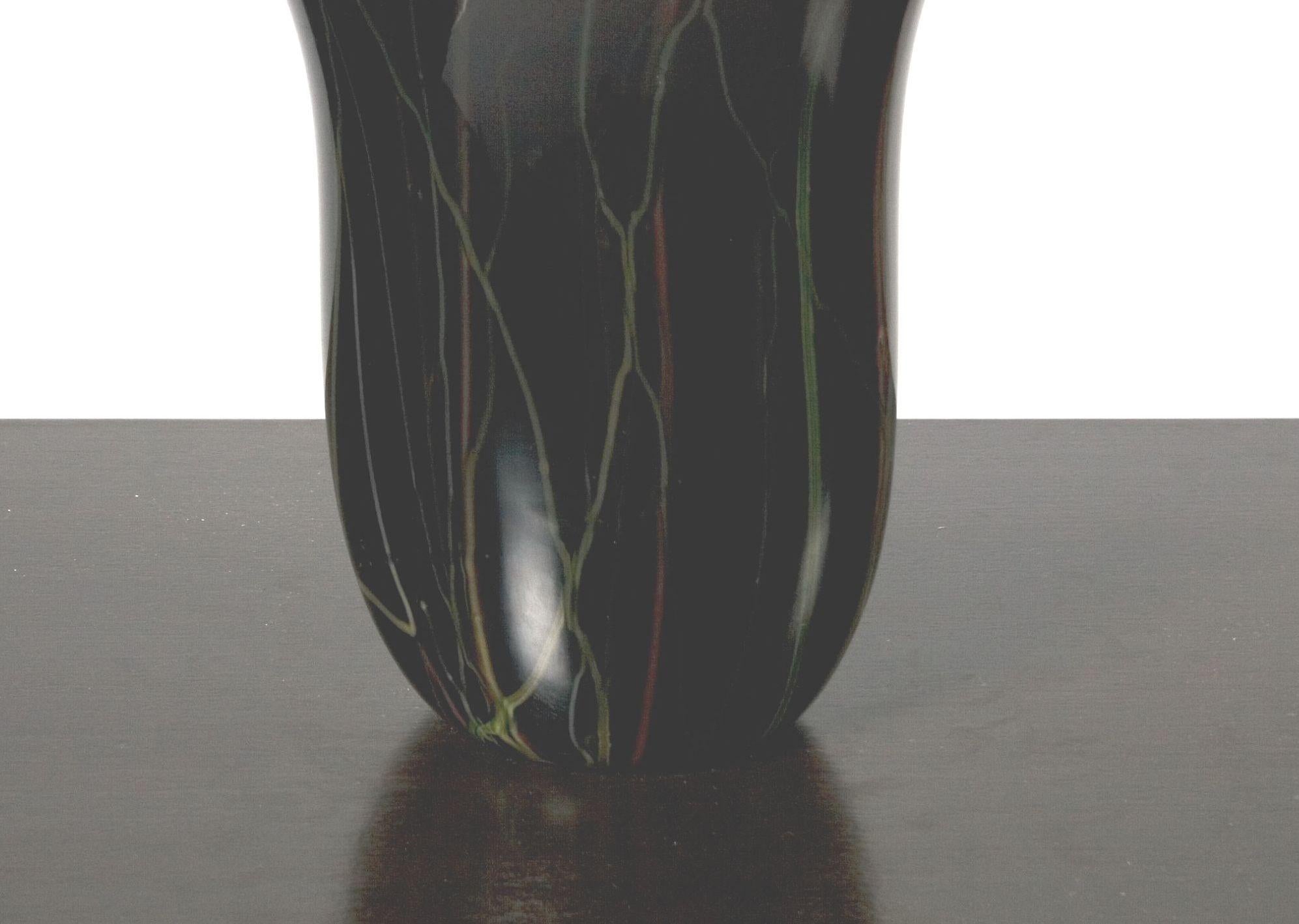 Italian Mid-Century Modern black glass vase with coral glass interior by Moretti, Italy
