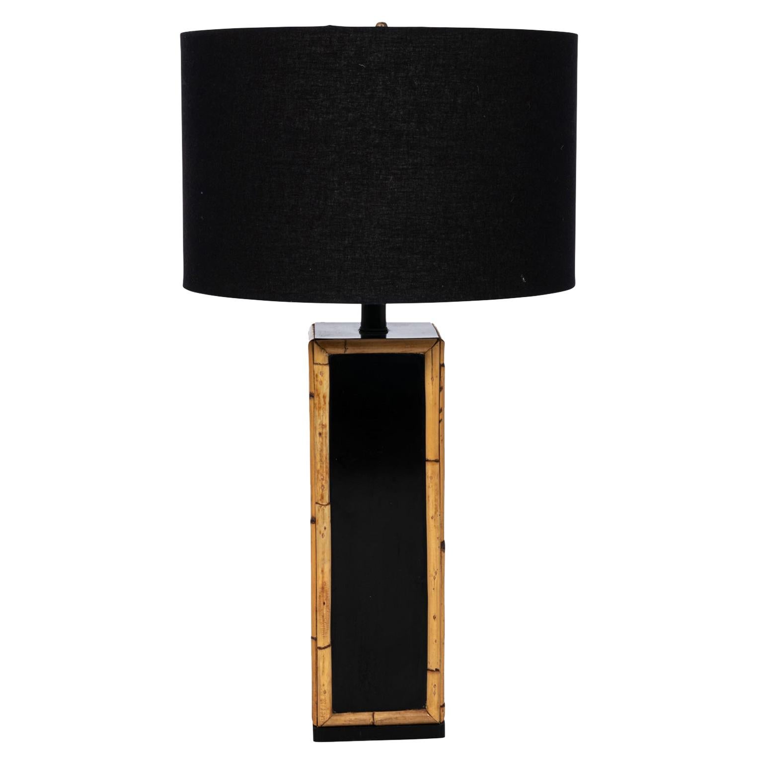 Mid-Century Modern Black Lacquer and Bamboo Lamp For Sale