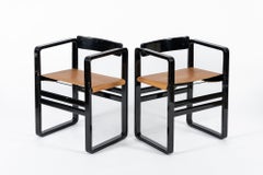 Mid Century Modern Black Lacquer and Brown Leather Arm Chairs 1970s