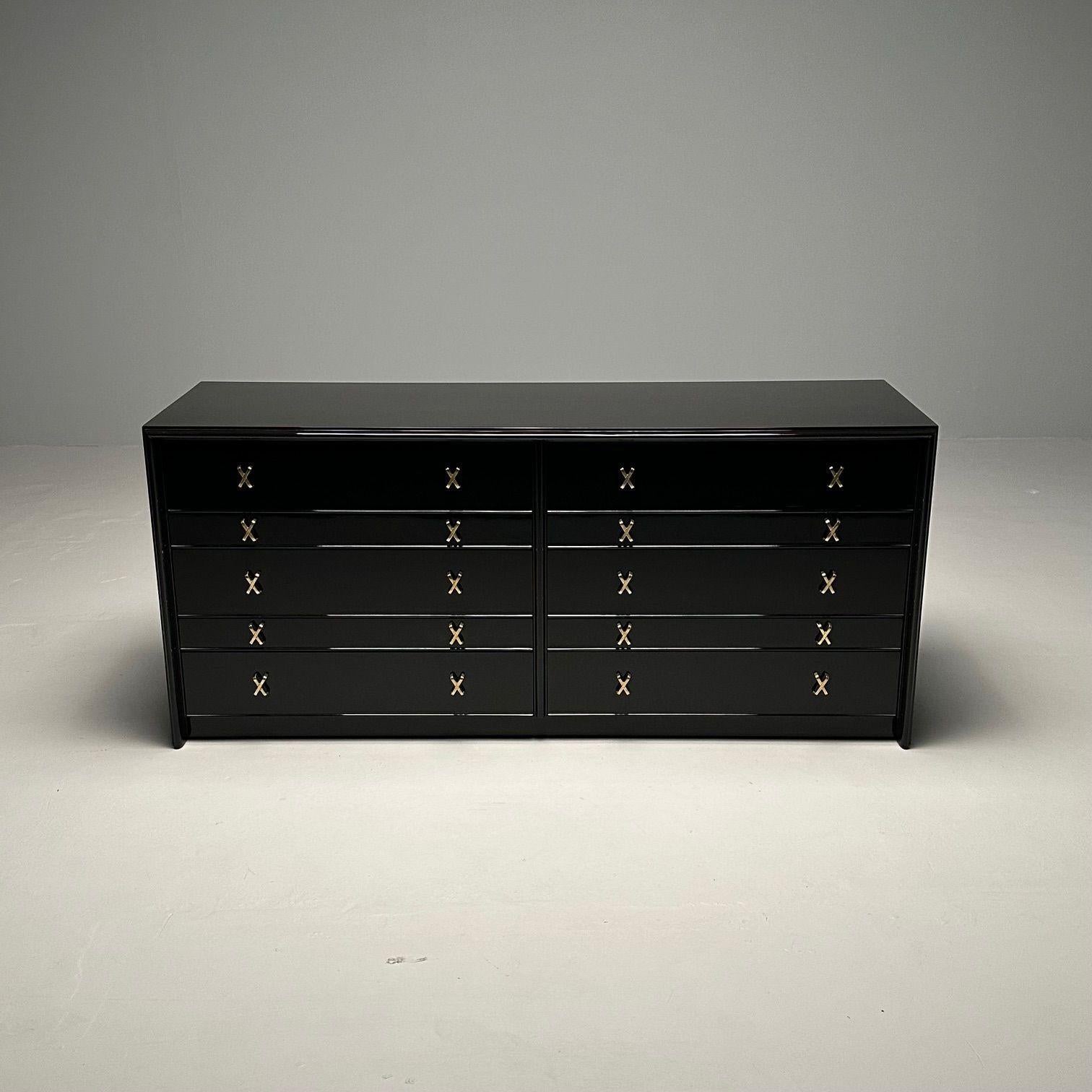 Mid-Century Modern Black Lacquer Paul Frankl Stamped John Stuart Double Dresser

A spectacular dresser designed by Paul Frankl for John Stuart, recently fully restored with the application of a super fine black lacquer. The custom 'X' style drawer