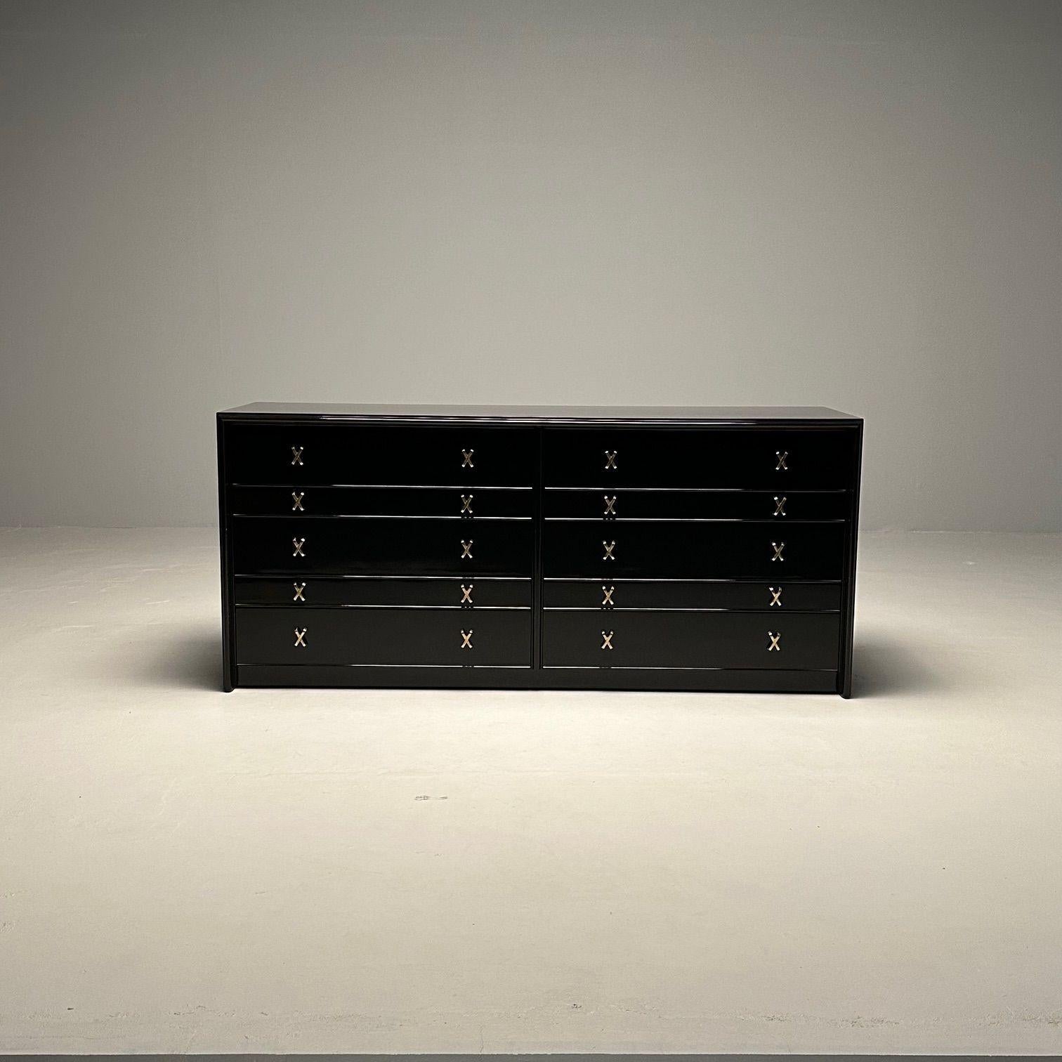 American Mid-Century Modern Black Lacquer Paul Frankl Stamped John Stuart Double Dresser For Sale