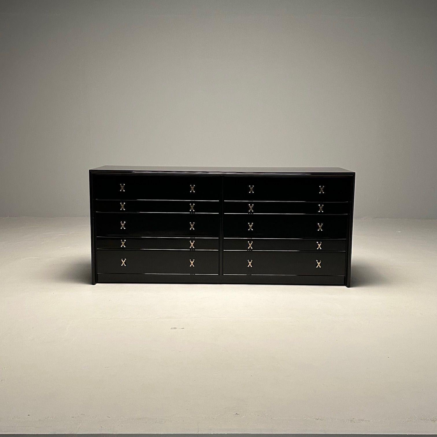 American Mid-Century Modern Black Lacquer Paul Frankl Stamped John Stuart Double Dresser