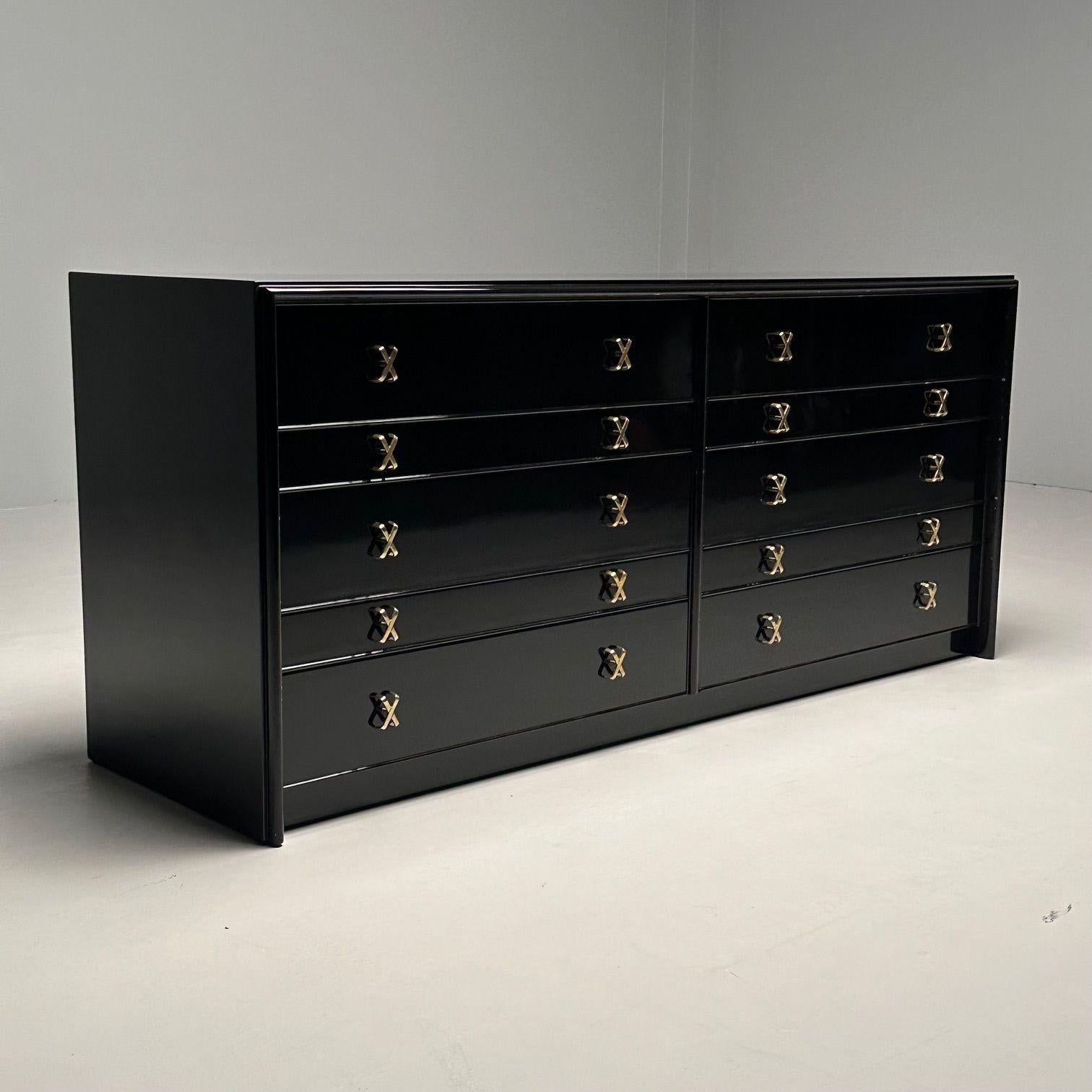 Mid-Century Modern Black Lacquer Paul Frankl Stamped John Stuart Double Dresser For Sale 2