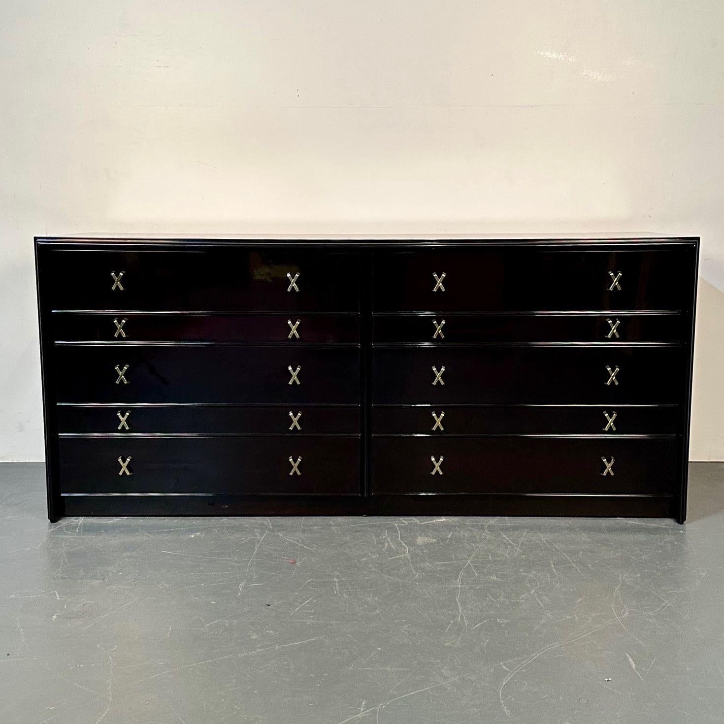 Mid-Century Modern Black Lacquer Paul Frankl Stamped John Stuart Double Dresser For Sale 3