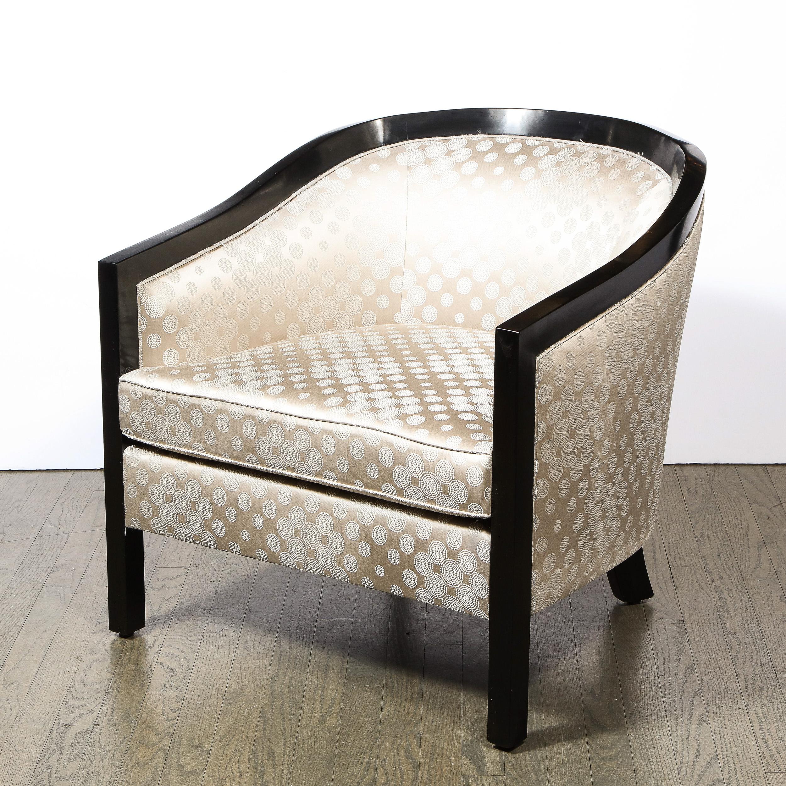 American Mid-Century Modern Black Lacquer & Platinum Silk Barrel Back Chair by James Mont