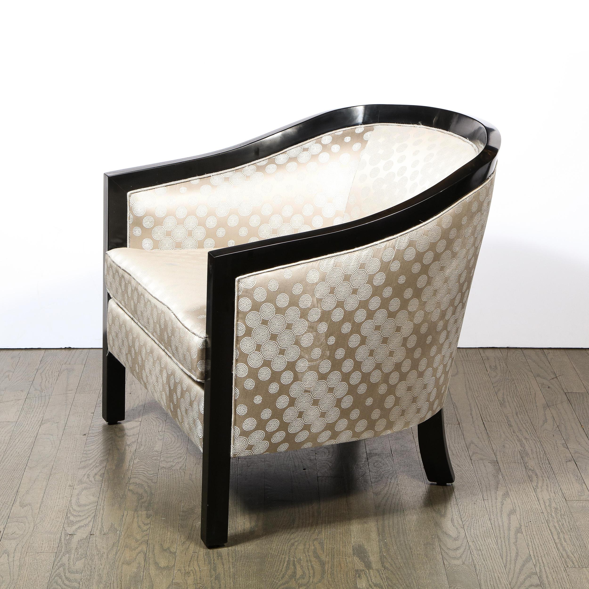 Ebonized Mid-Century Modern Black Lacquer & Platinum Silk Barrel Back Chair by James Mont