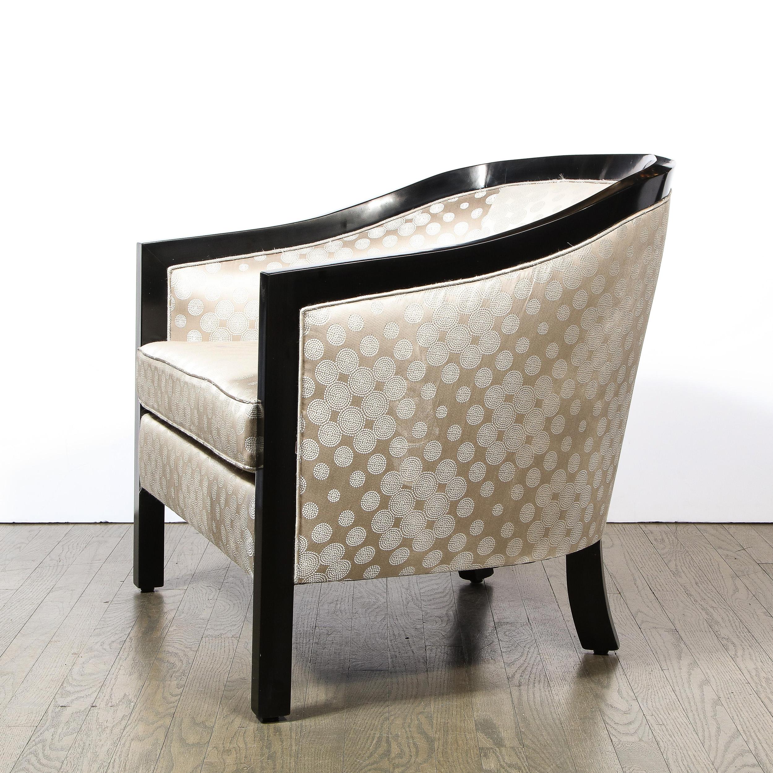 Mid-Century Modern Black Lacquer & Platinum Silk Barrel Back Chair by James Mont In Excellent Condition In New York, NY