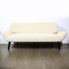 Mid-Century Modern Black Lacquer Sofa & Pearl White Ecriture Velvet Holly Hunt
