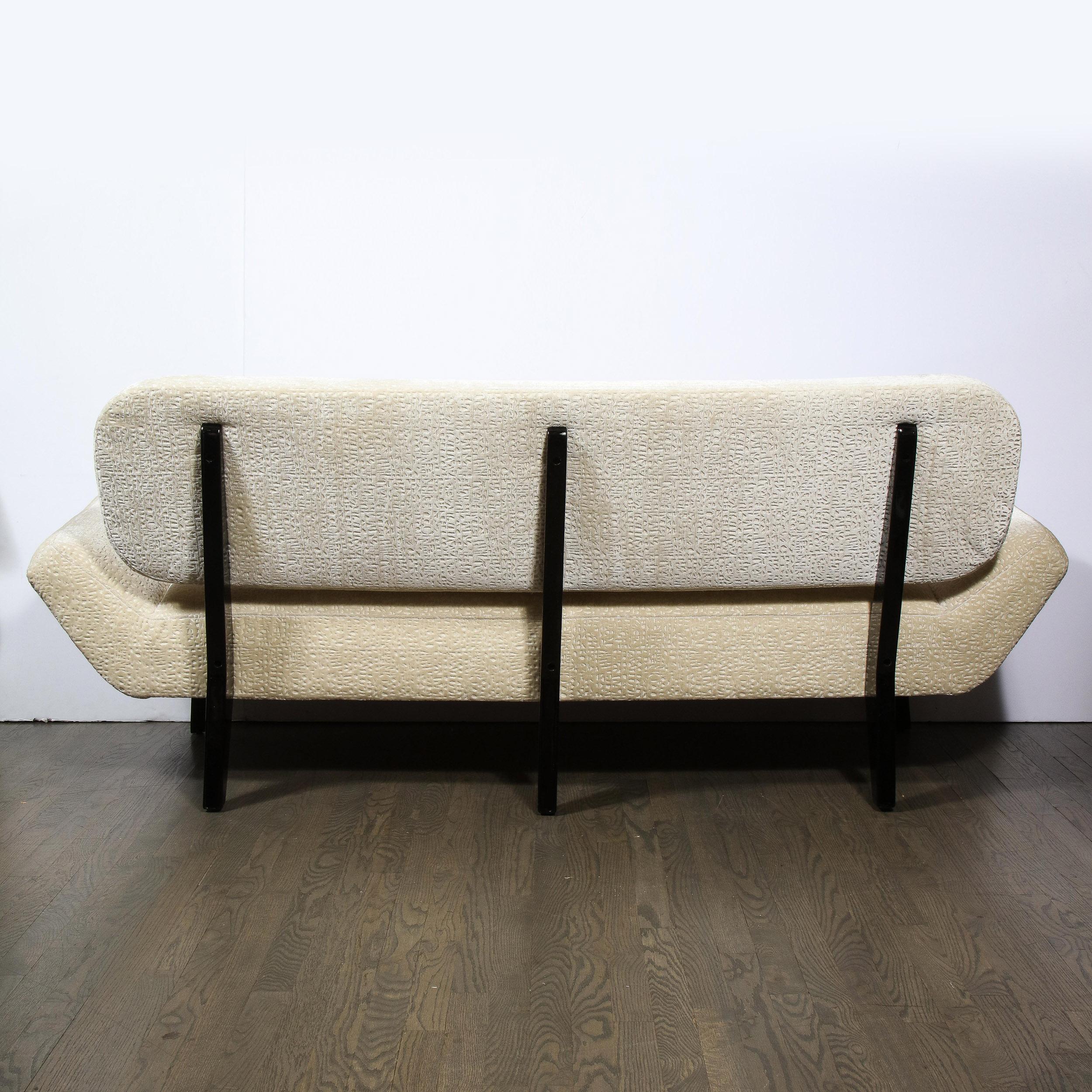 Mid-Century Modern Black Lacquer Sofa & Pearl White Ecriture Velvet Holly Hunt 4