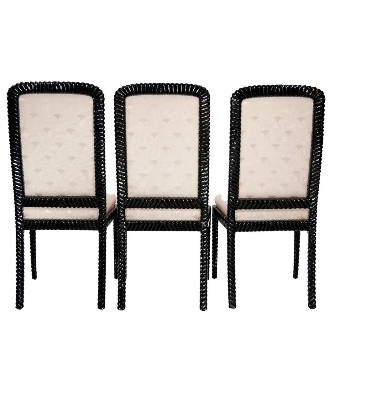 Mid-Century Modern Black Lacquer Twist Rope Framed Dining Chair Set / 8 For Sale 8
