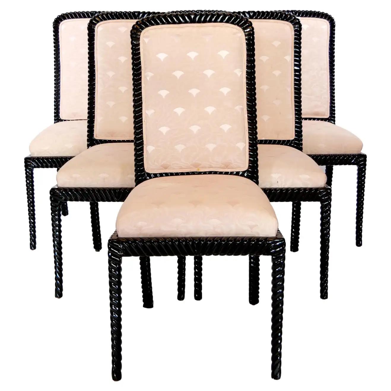 Chaise de salle à manger moderne du milieu du siècle, laquée noire, avec cadre en corde torsadée /  8 en vente 9