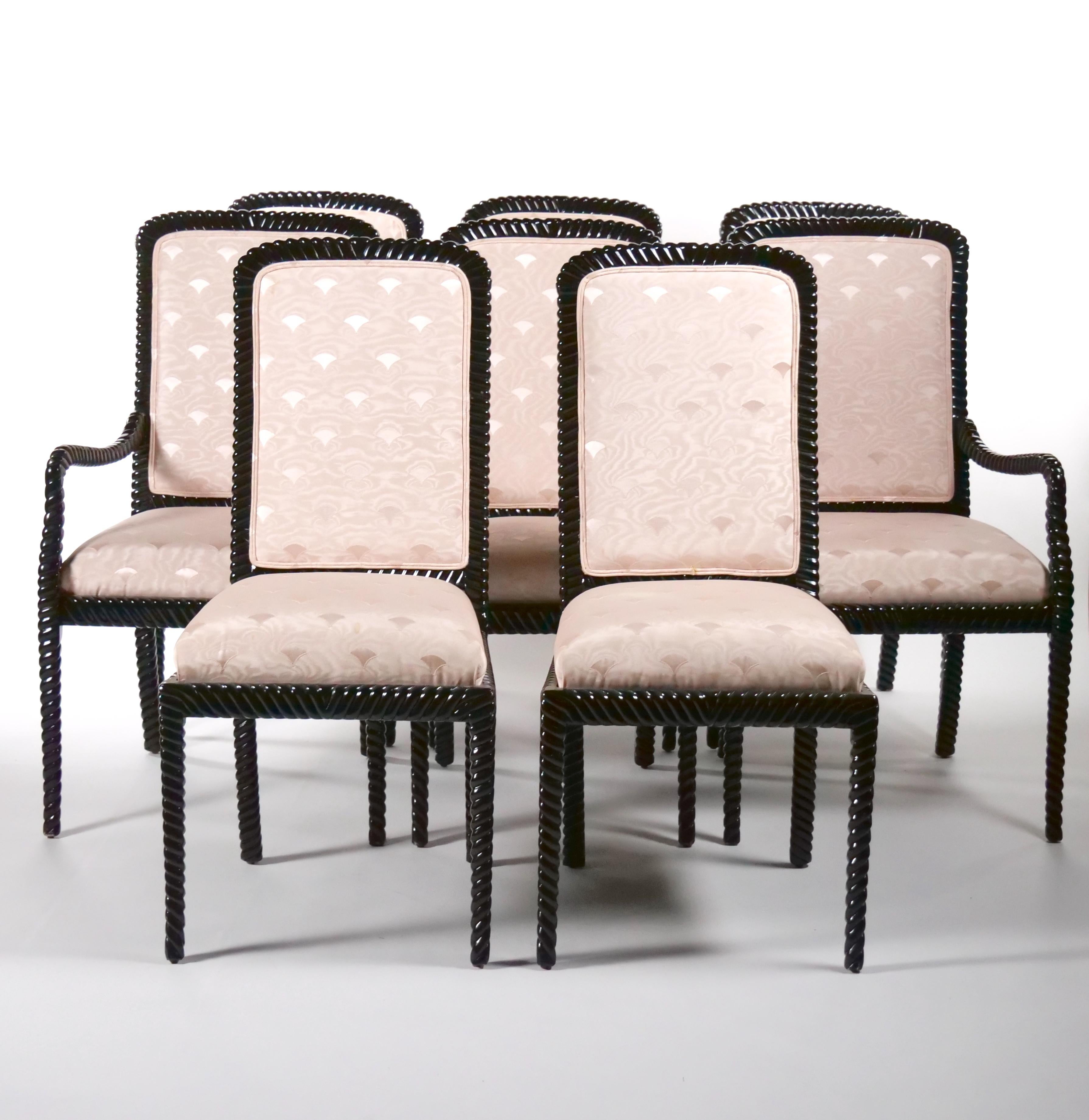 Chaise de salle à manger moderne du milieu du siècle, laquée noire, avec cadre en corde torsadée /  8 en vente 10