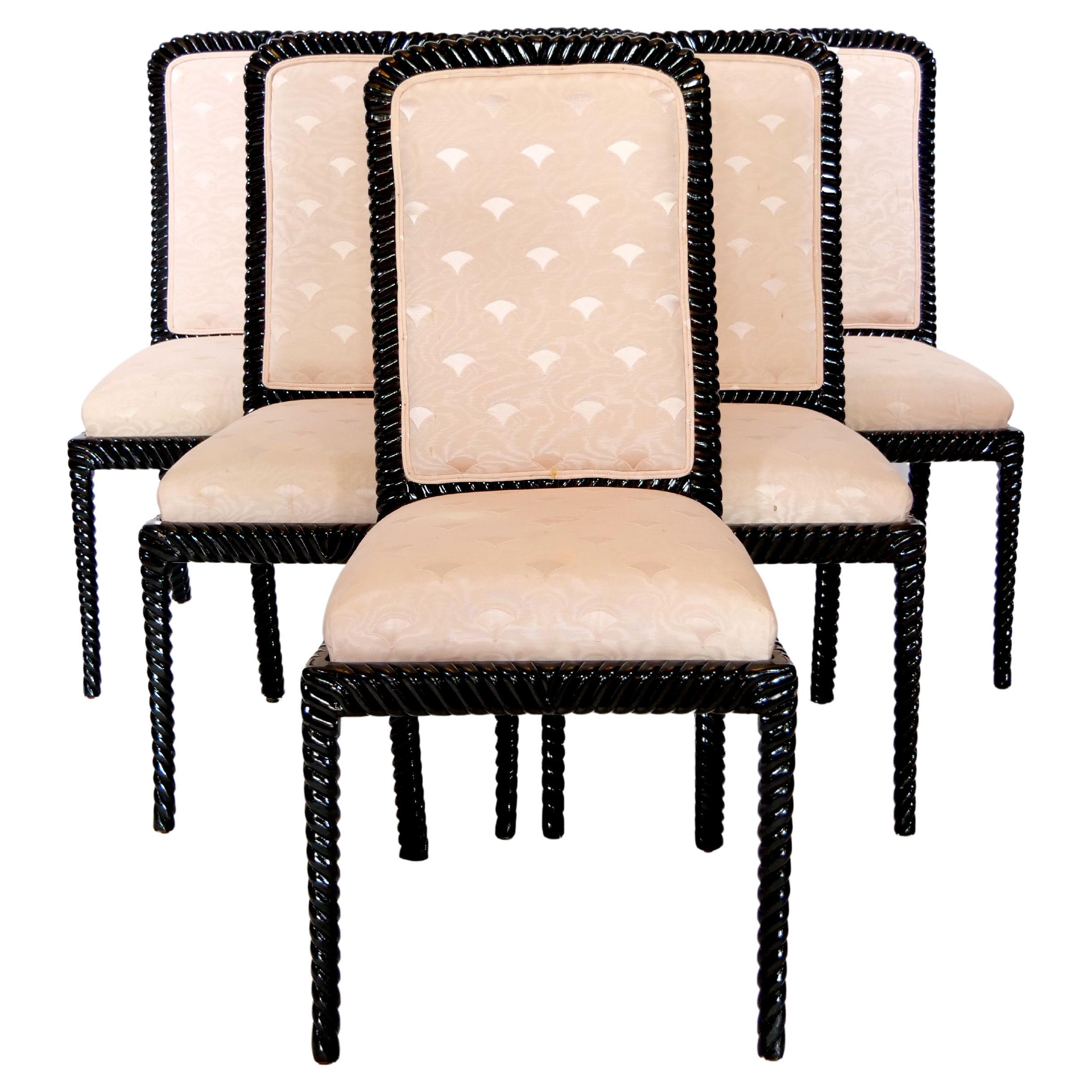 Beautiful Mid-Century Modern black lacquered twist rope frame set of eight dining chairs with a salmon colored upholstery. The set consist of six side dining chairs with two armchairs. Each chair is in great vintage condition with minor wear