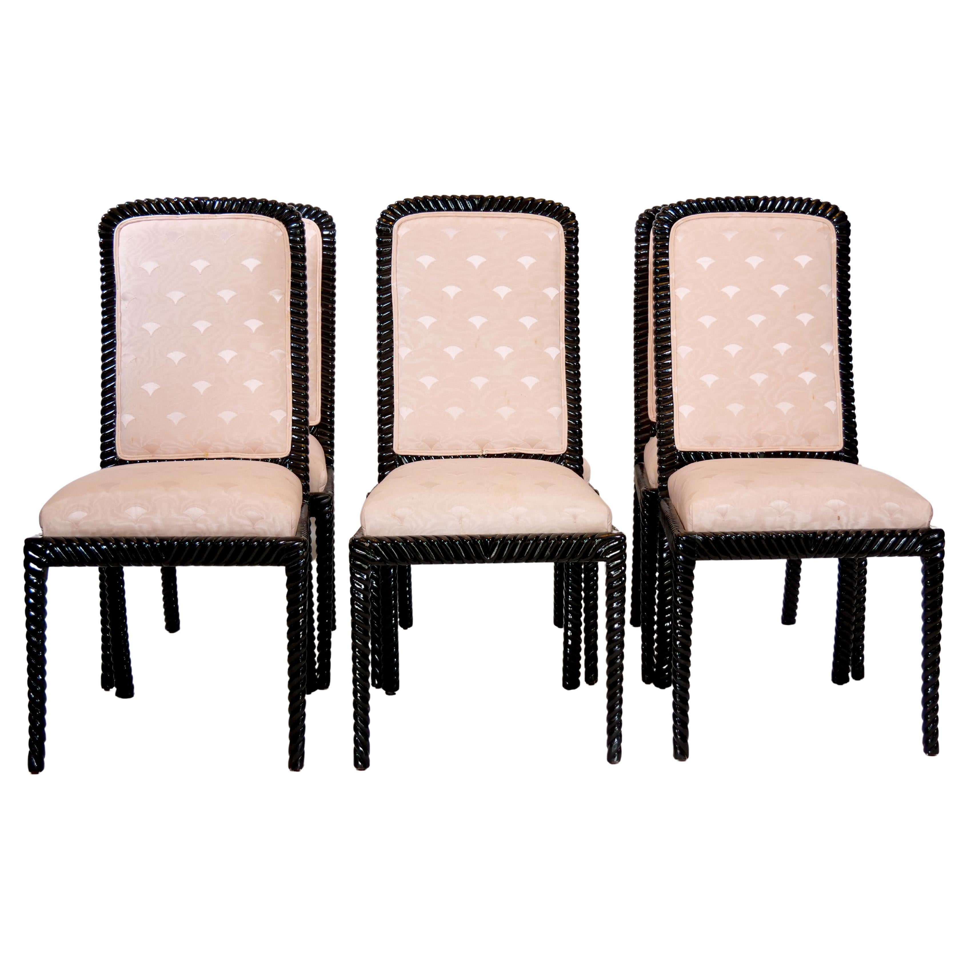 Hand-Carved Mid-Century Modern Black Lacquer Twist Rope Framed Dining Chair Set / 8 For Sale