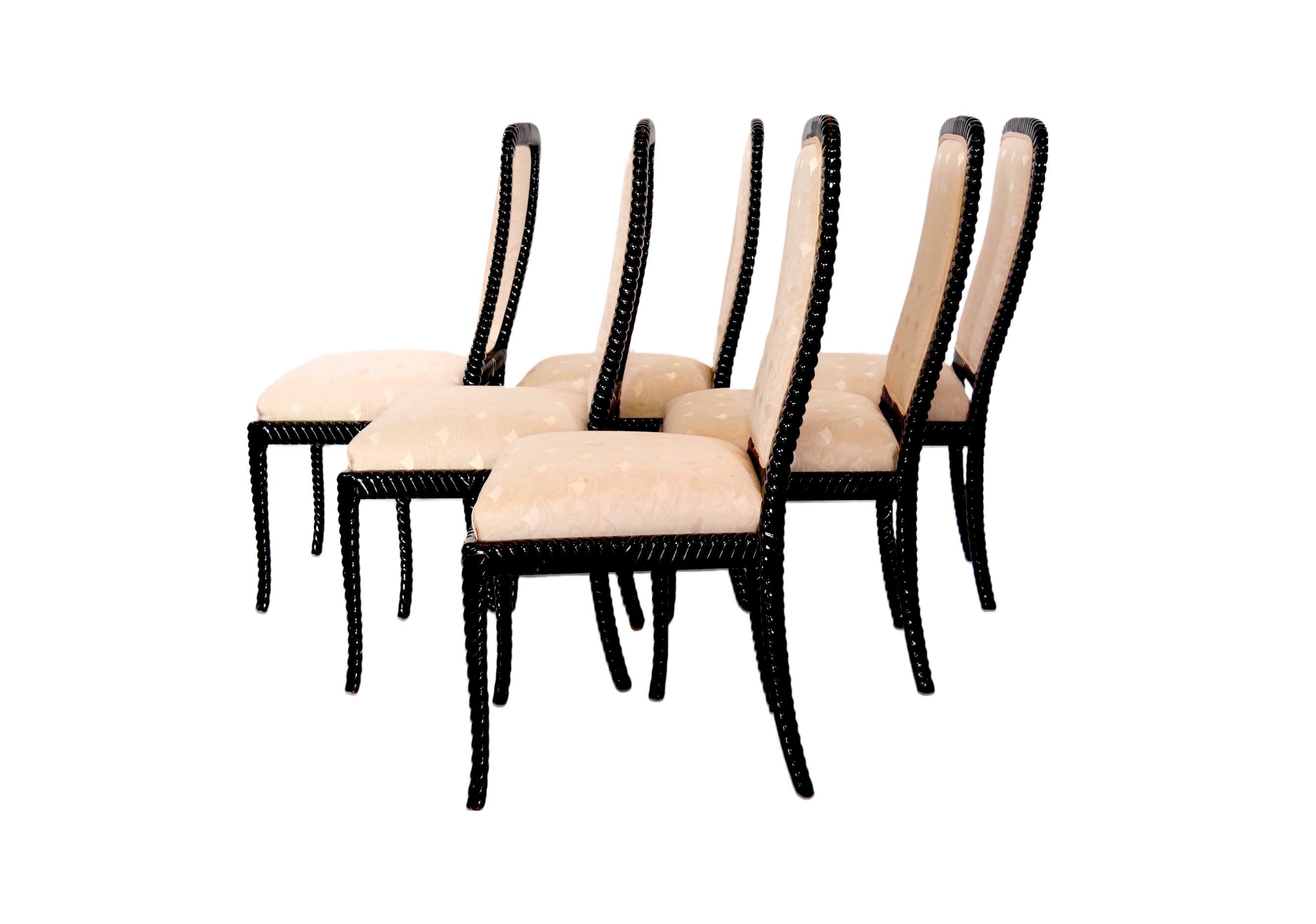Mid-Century Modern Black Lacquer Twist Rope Framed Dining Chair Set / 8 In Good Condition For Sale In Tarry Town, NY