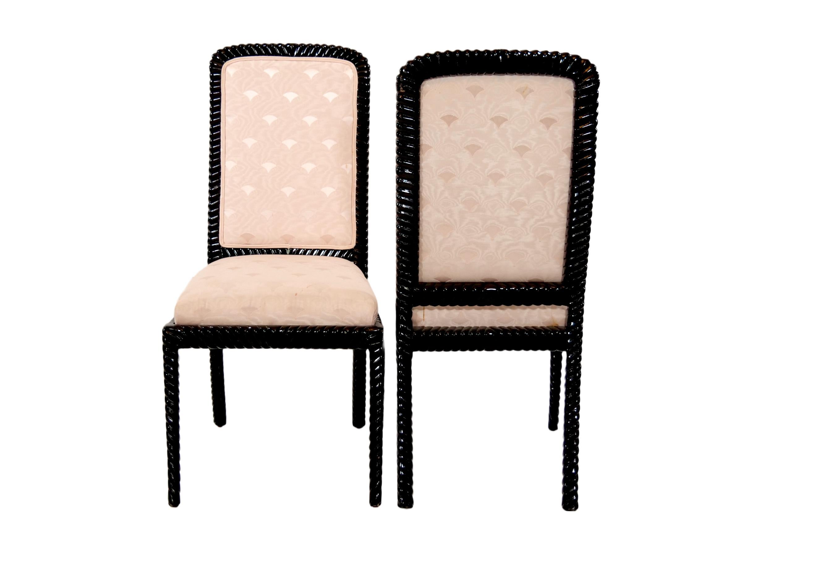 Tissu d'ameublement Chaise de salle à manger moderne du milieu du siècle, laquée noire, avec cadre en corde torsadée /  8 en vente