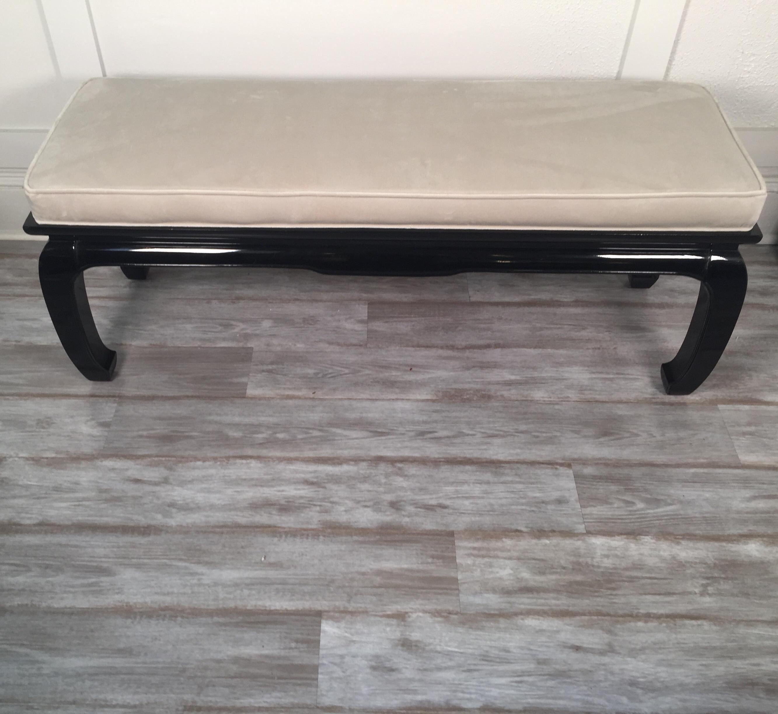 American Mid-Century Modern Black Lacquered Asian Style Bench Newly Upholstered