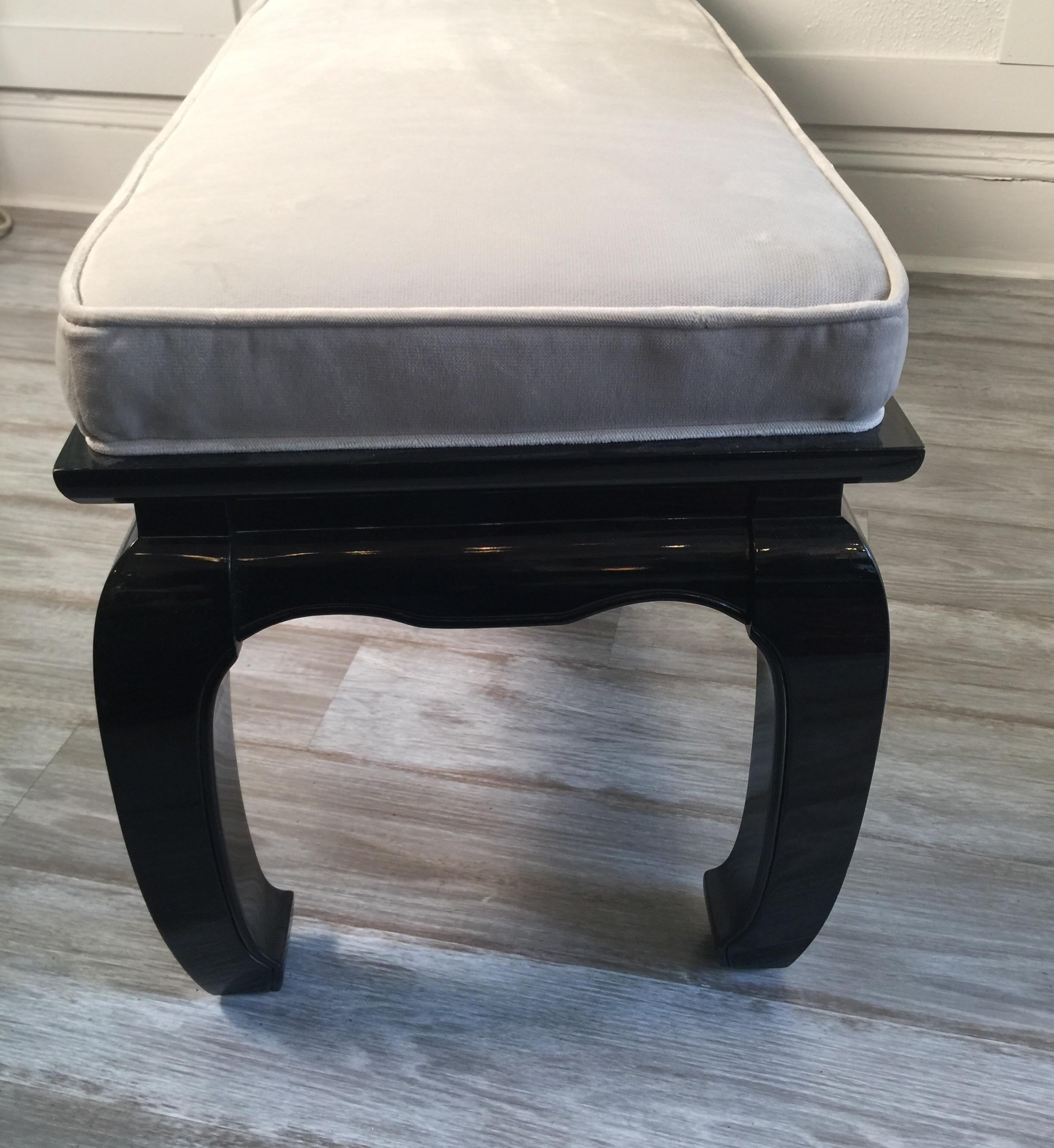Painted Mid-Century Modern Black Lacquered Asian Style Bench Newly Upholstered