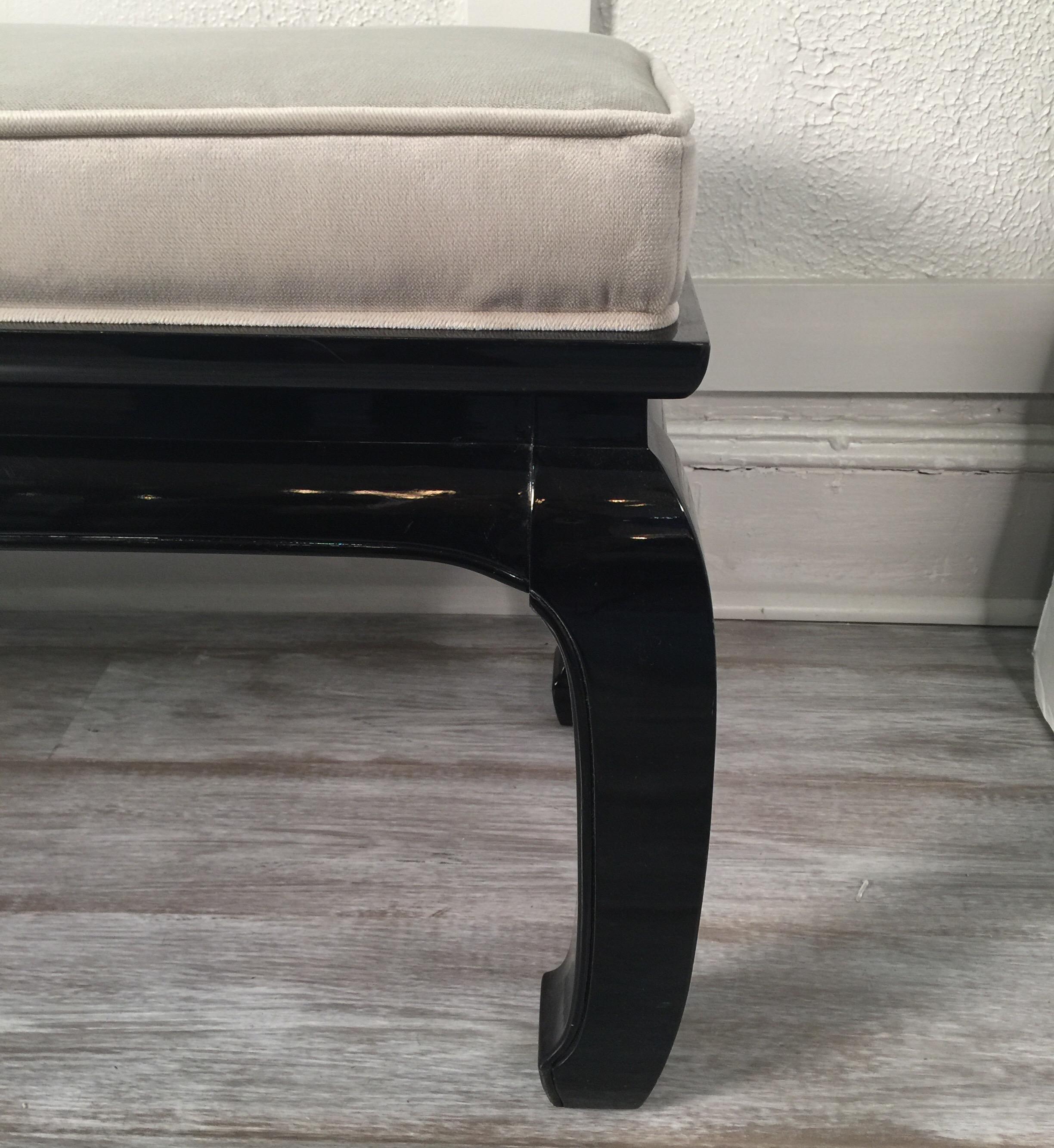 Late 20th Century Mid-Century Modern Black Lacquered Asian Style Bench Newly Upholstered