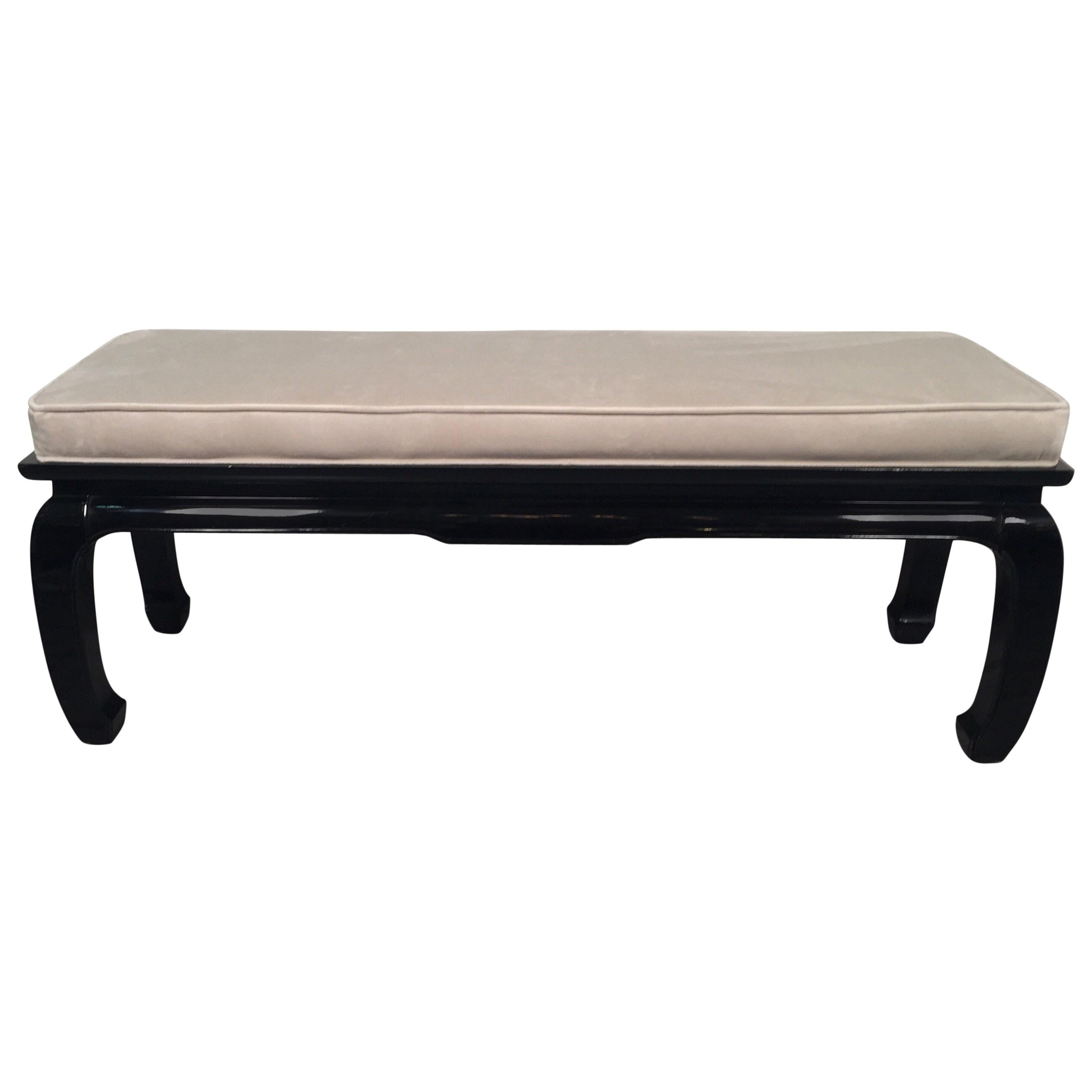 Mid-Century Modern Black Lacquered Asian Style Bench Newly Upholstered