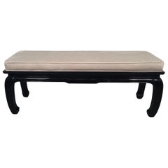 Mid-Century Modern Black Lacquered Asian Style Bench Newly Upholstered