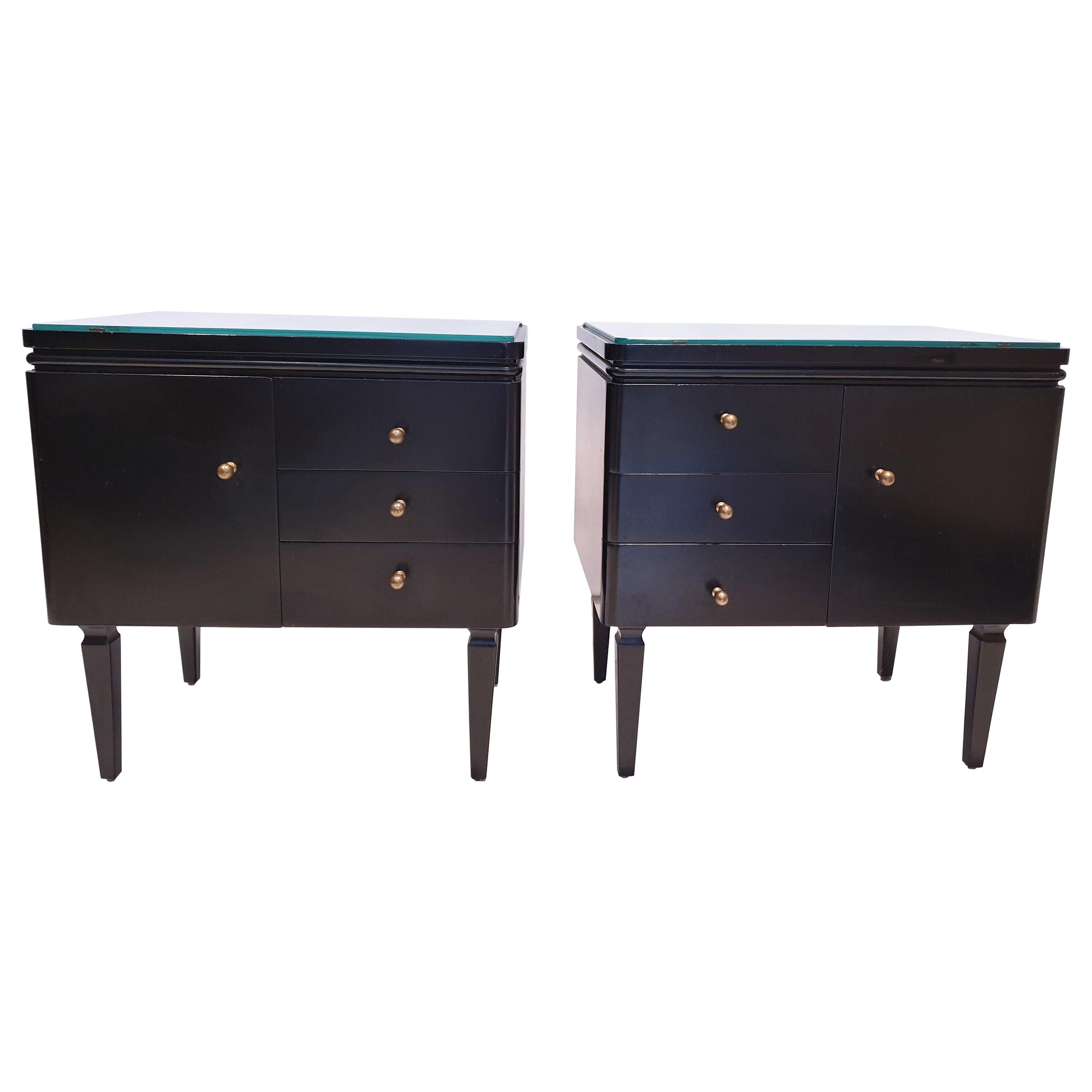 Mid-Century Modern Black Lacquered Bedside Cabinets