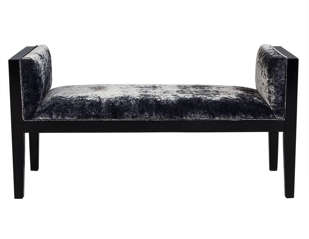 Mid-Century Modern black lacquered bench is perfect for adding additional seating to a hallway, bedroom or living room. The bench has a classic design, that easily incorporates into a variety of home styles. The sturdy dark or black espresso legs