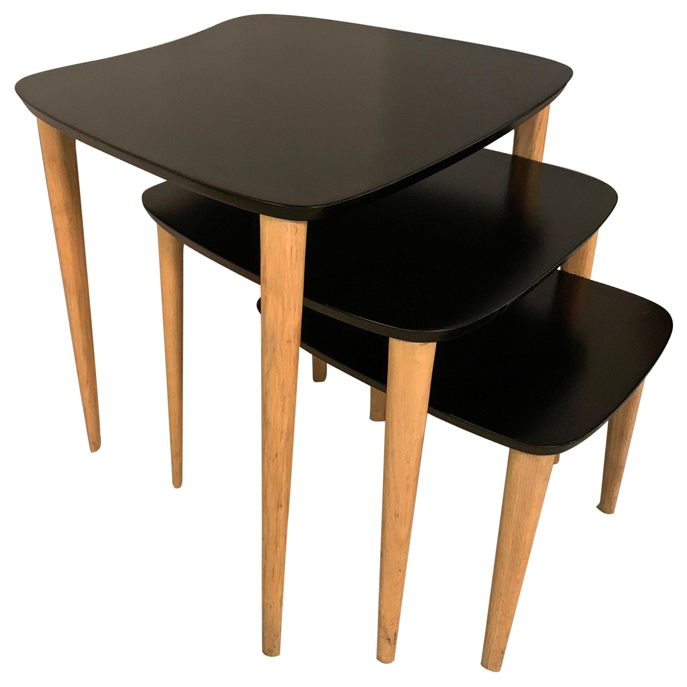 Mid-Century Modern Black Lacquered Biomorphic Nesting Tables