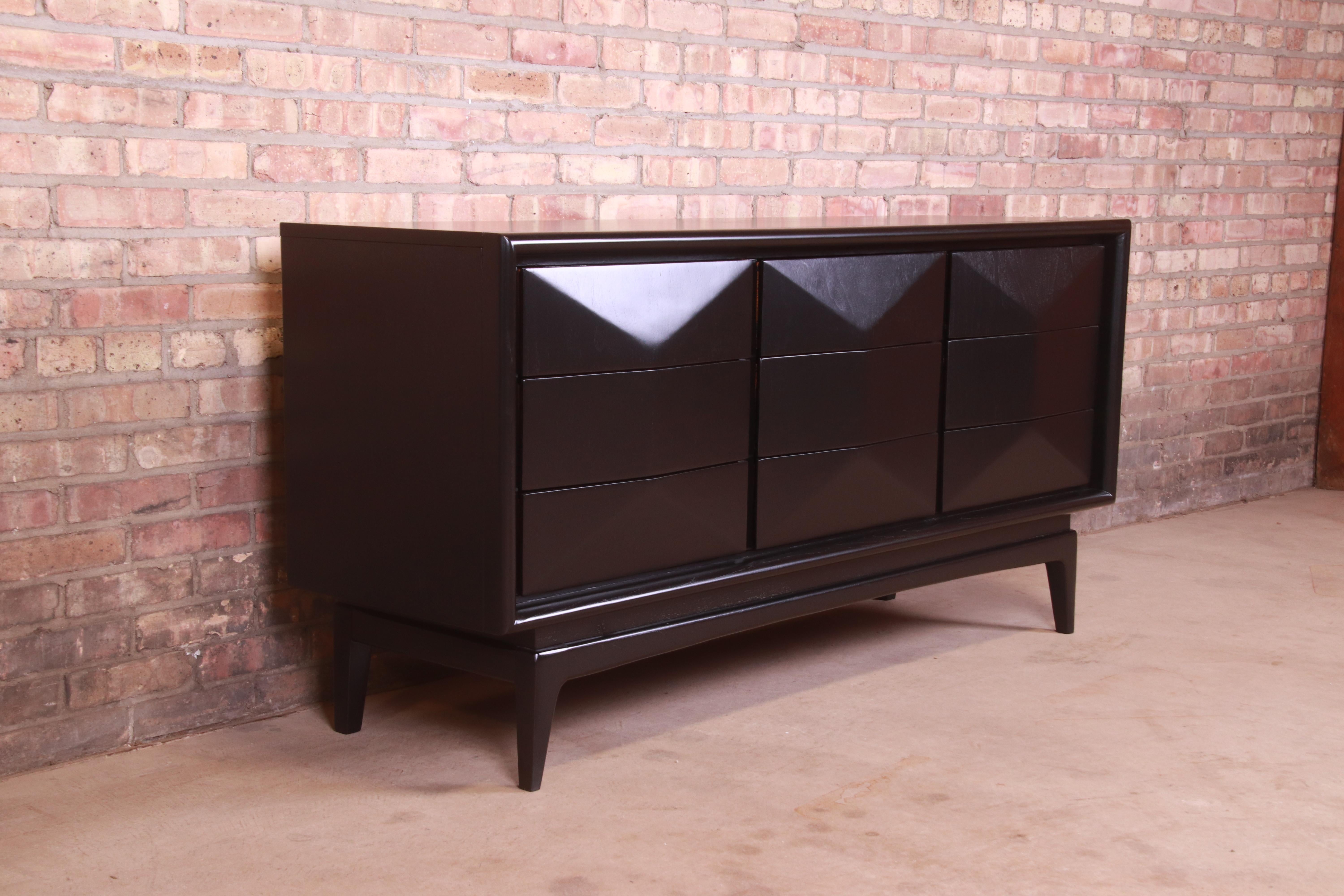 American Mid-Century Modern Black Lacquered Diamond Front Dresser or Credenza by United