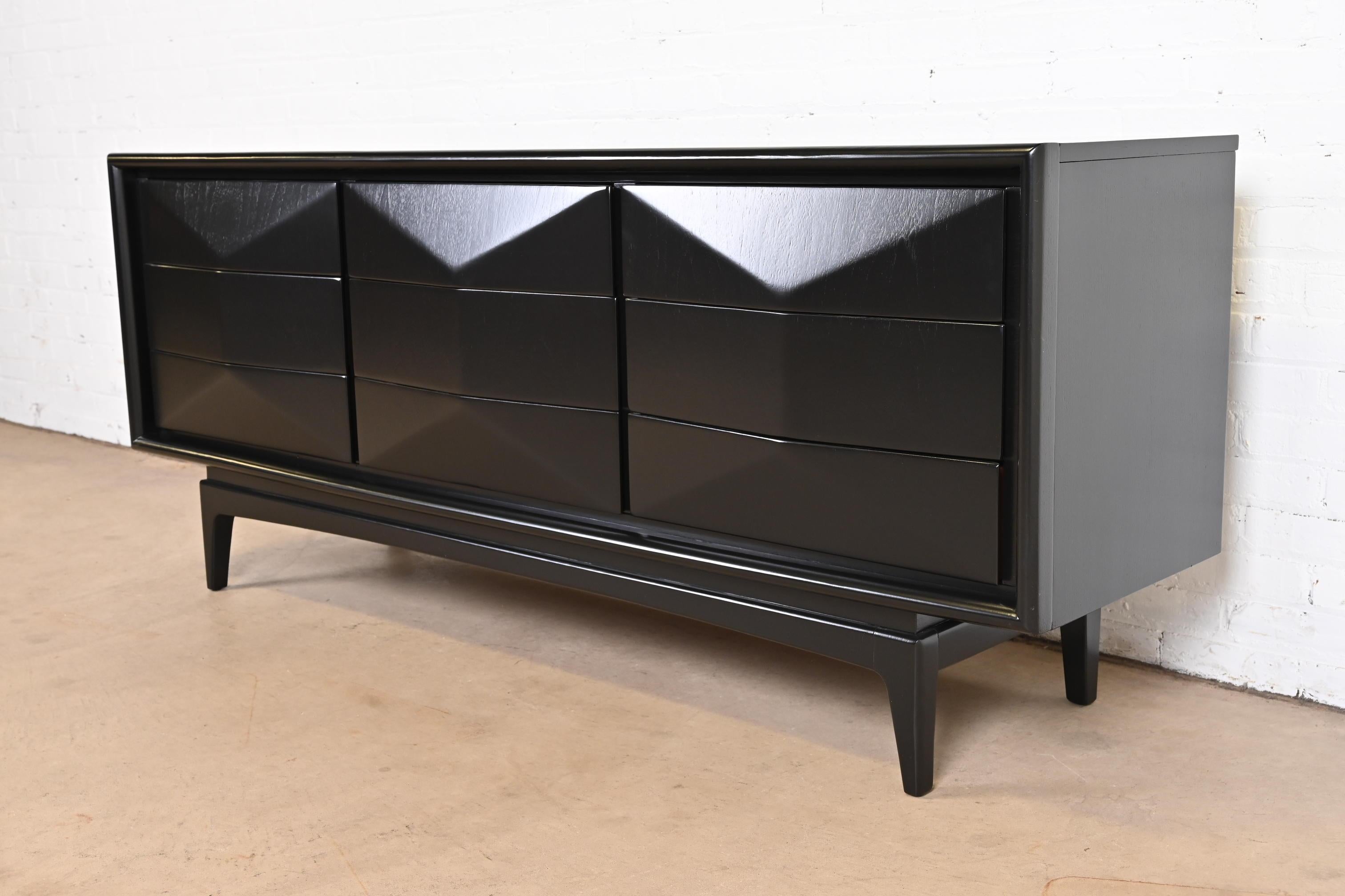 American Mid-Century Modern Black Lacquered Diamond Front Dresser or Credenza by United For Sale