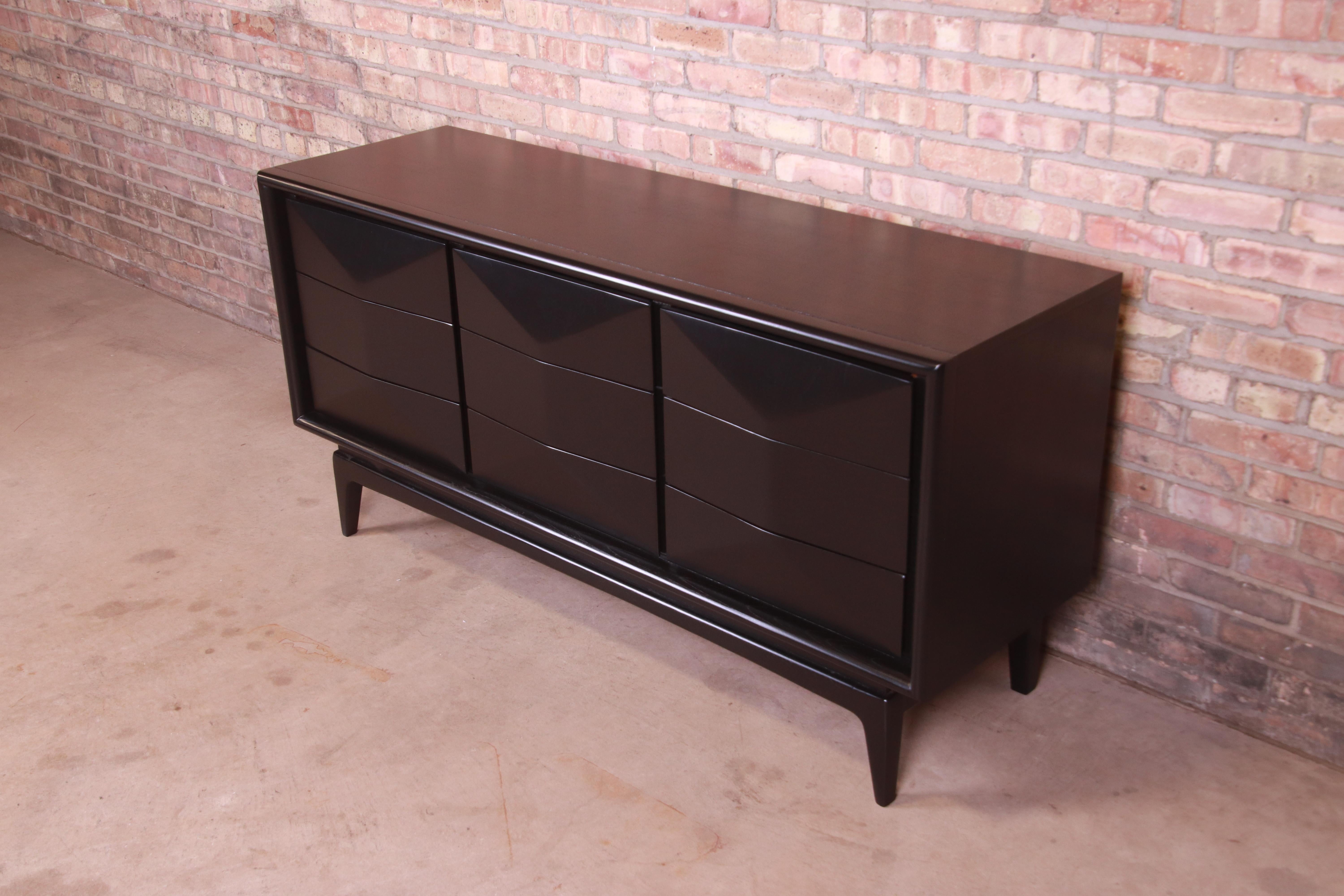 Mid-20th Century Mid-Century Modern Black Lacquered Diamond Front Dresser or Credenza by United