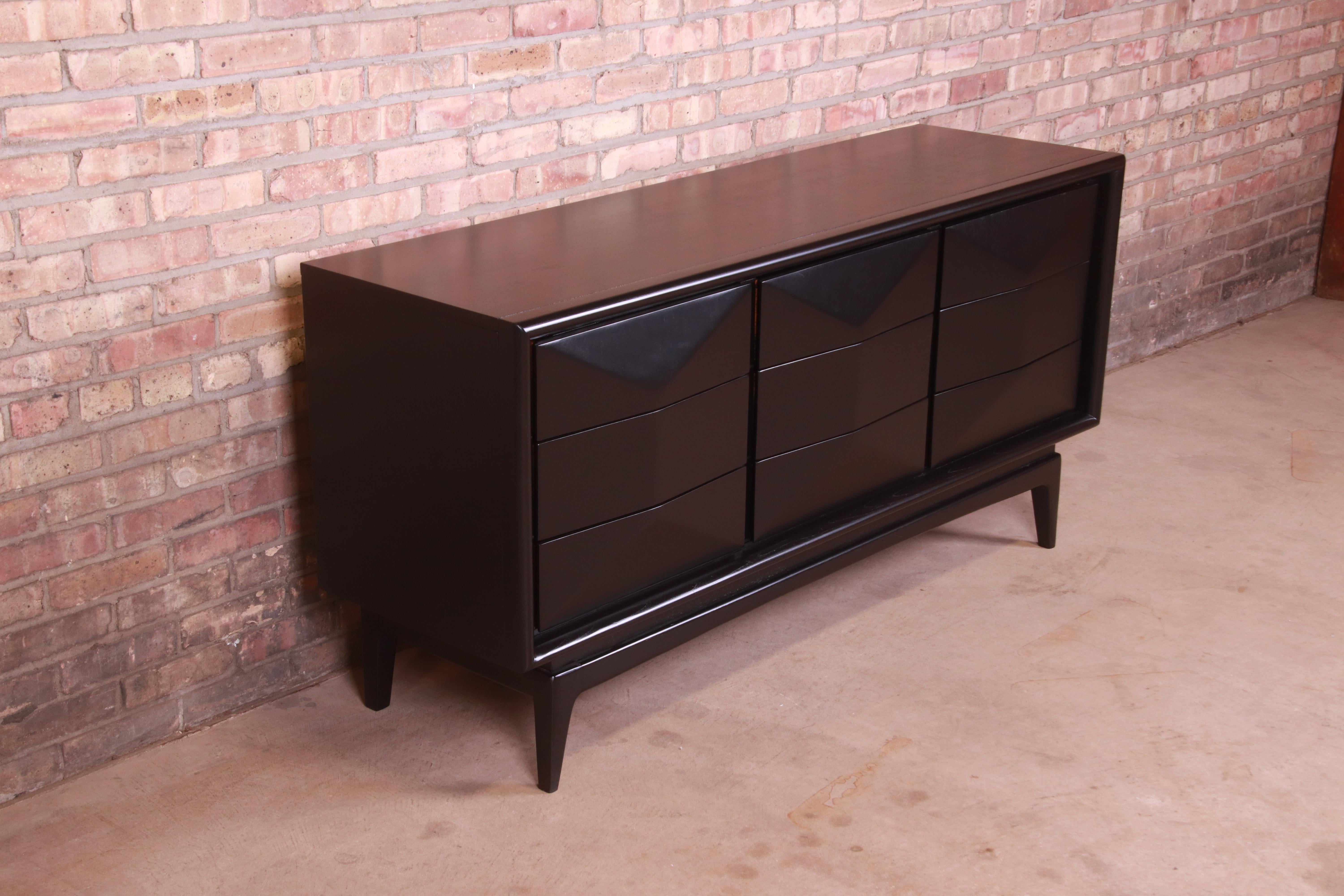Walnut Mid-Century Modern Black Lacquered Diamond Front Dresser or Credenza by United
