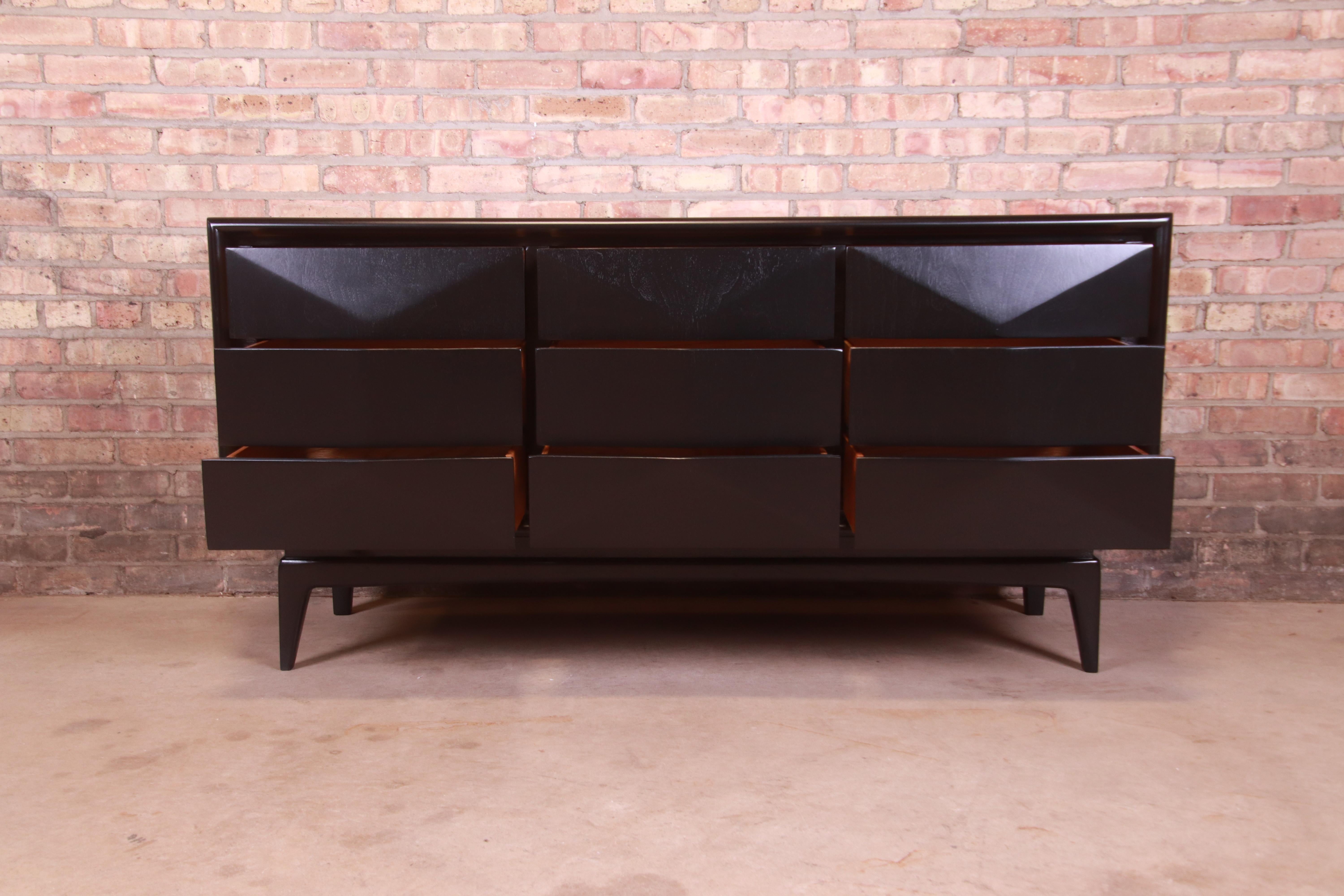 Mid-Century Modern Black Lacquered Diamond Front Dresser or Credenza by United 1