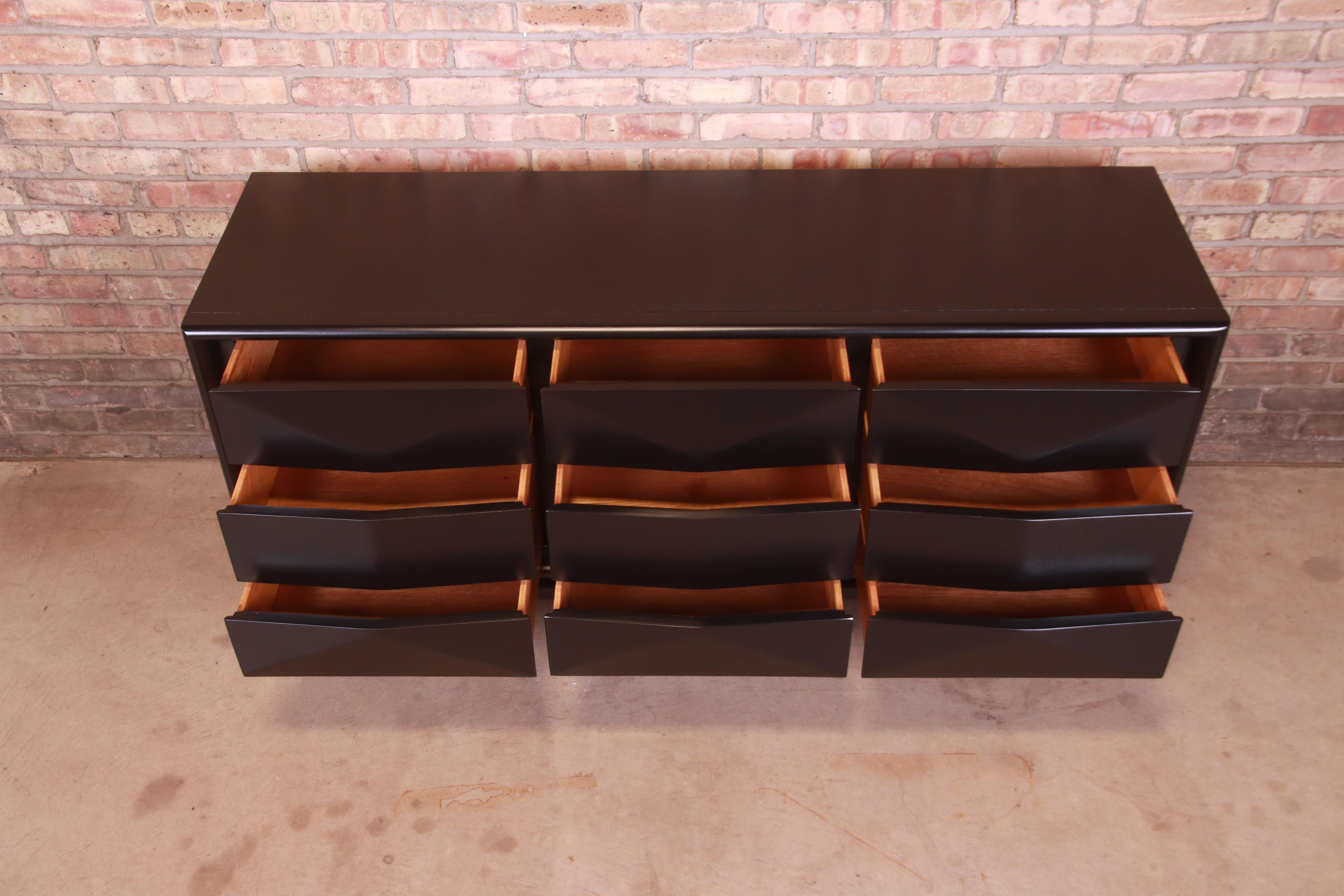 Mid-Century Modern Black Lacquered Diamond Front Dresser or Credenza by United 2