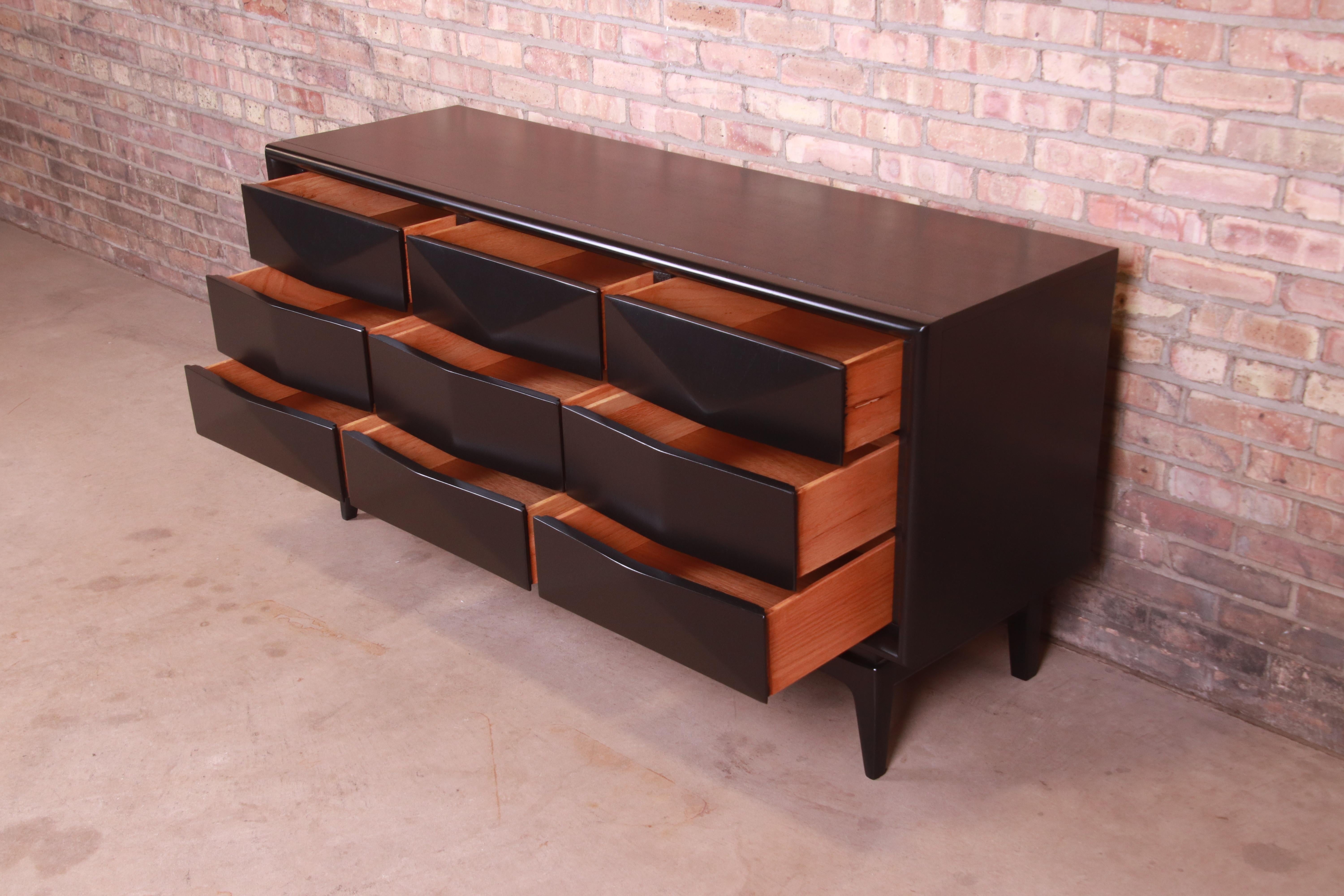 Mid-Century Modern Black Lacquered Diamond Front Dresser or Credenza by United 3