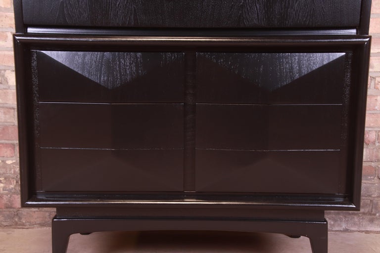 MidCentury Modern Black Lacquered Diamond Front Highboy Dresser by