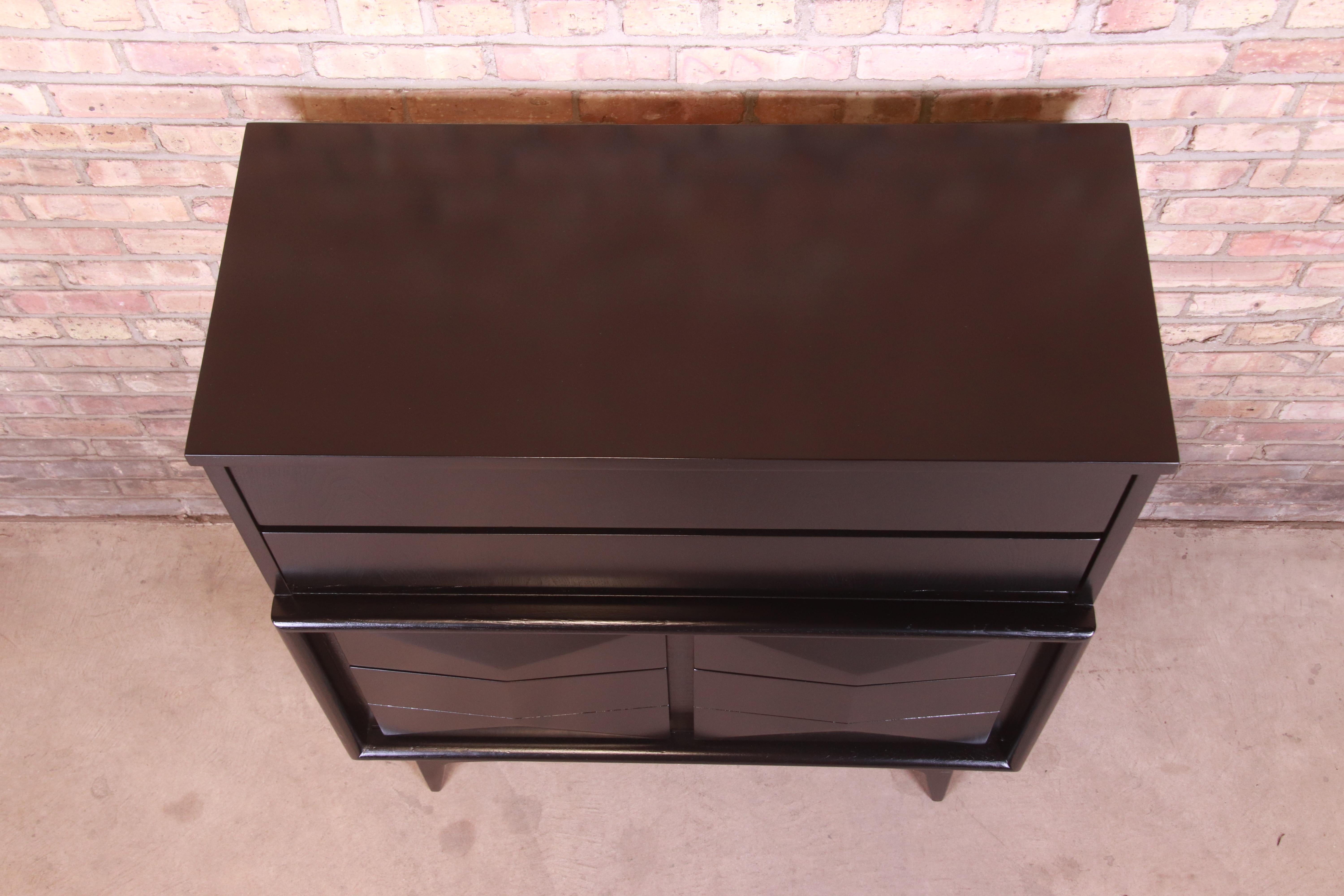 Mid-Century Modern Black Lacquered Diamond Front Highboy Dresser by United 4
