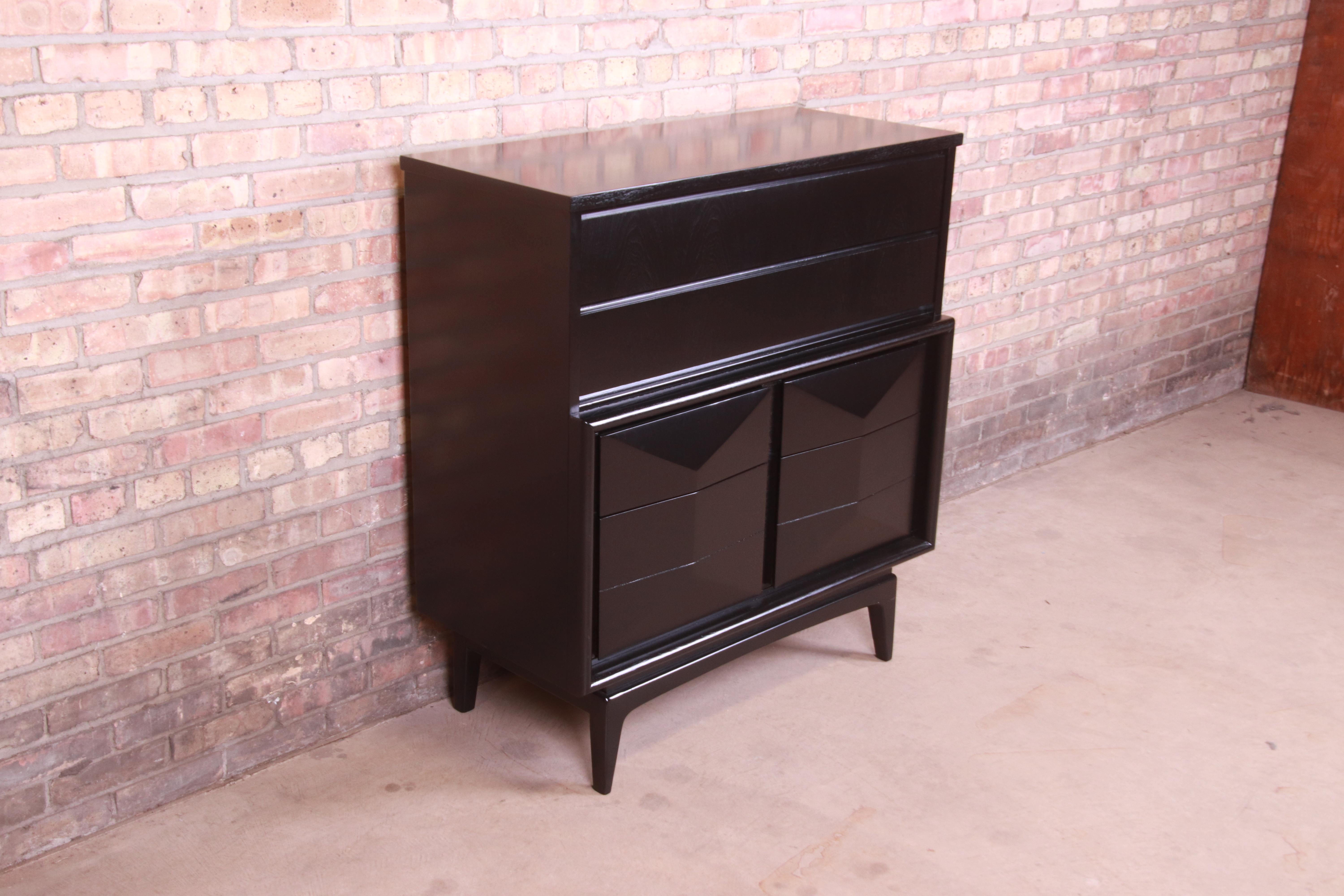 American Mid-Century Modern Black Lacquered Diamond Front Highboy Dresser by United