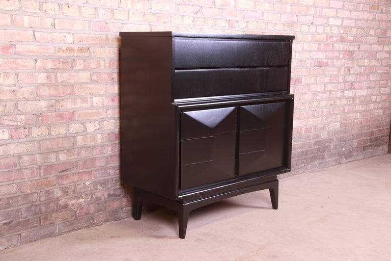 MidCentury Modern Black Lacquered Diamond Front Highboy Dresser by