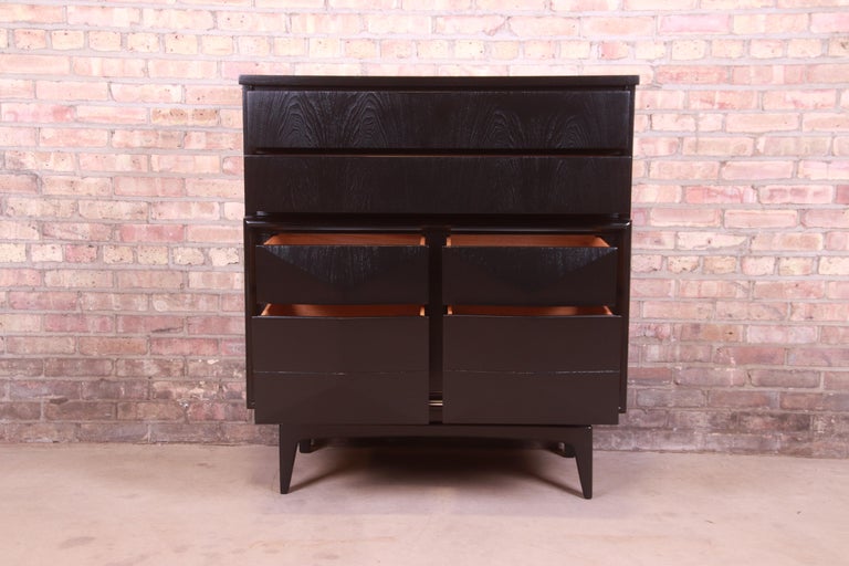MidCentury Modern Black Lacquered Diamond Front Highboy Dresser by